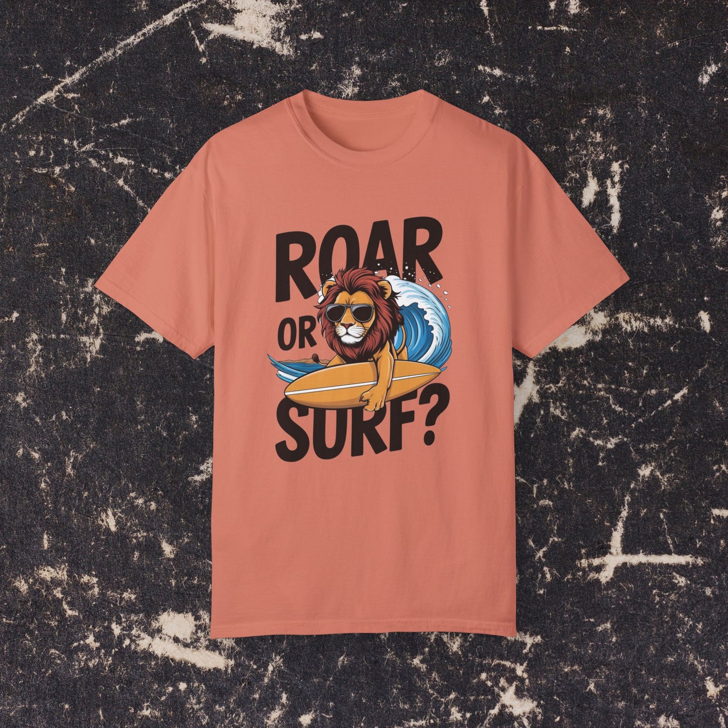 Lion Surfer T-Shirt, Roar or Surf Graphic Tee, Fun Summer Beach Tee, Cool Lion Surfing Shirt, Unique Animal Graphic Tee