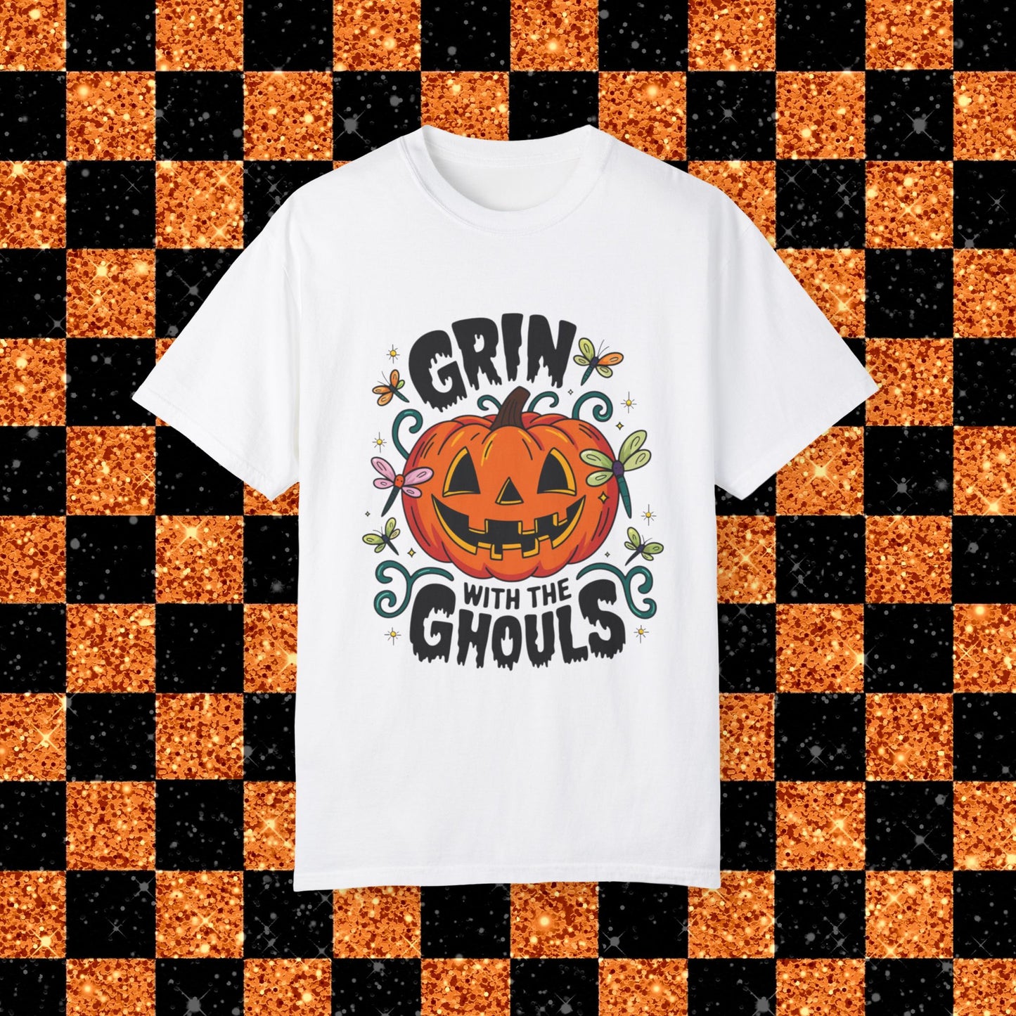 Funny Halloween T-shirt, Grin with the Ghouls, Pumpkin Face Shirt, Halloween Party Tee, Spooky Season Shirt, Dragonfly Decor