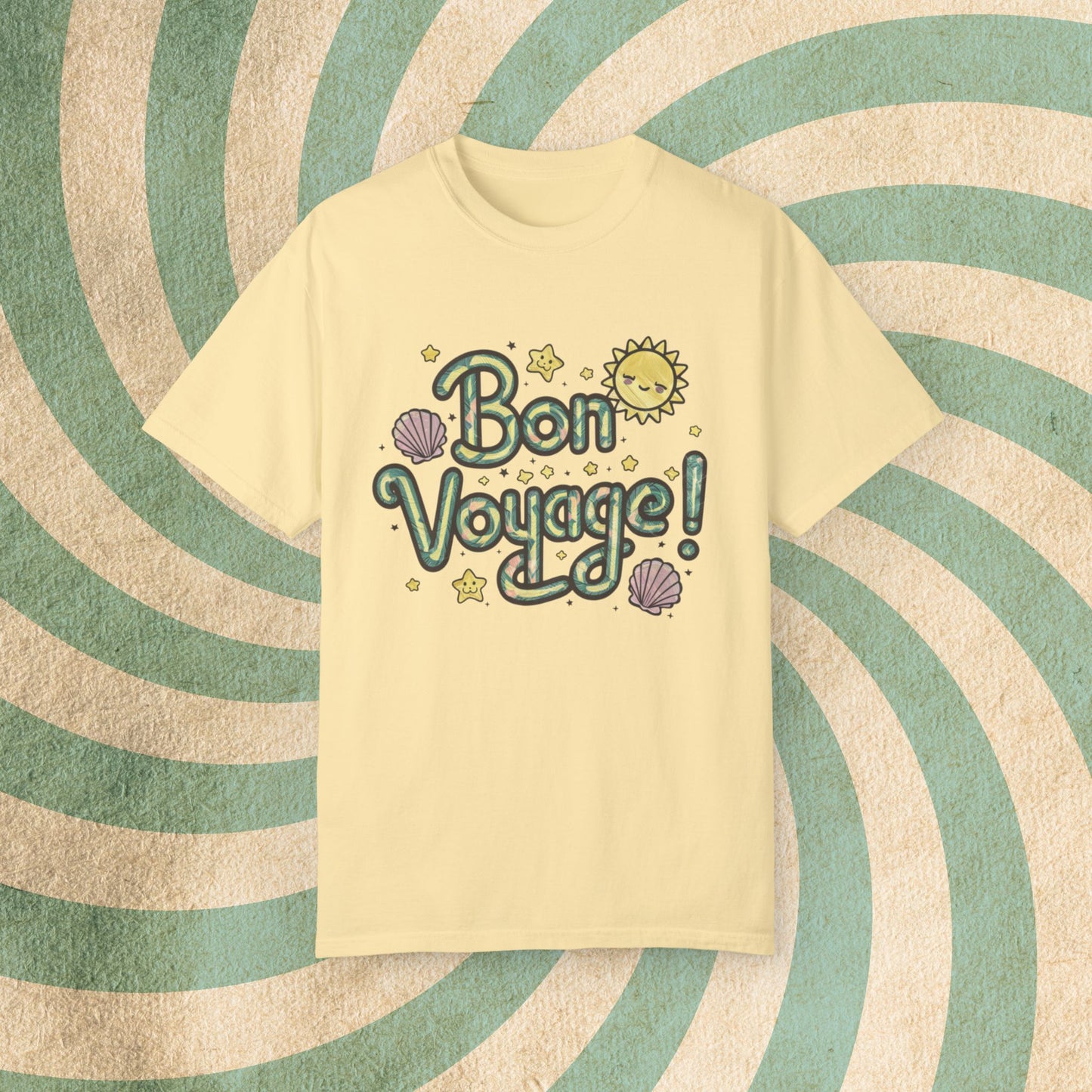 Bon Voyage T-Shirt, Cute Sun Design Tee, Shell and Star Shirt, Fun Travel Shirt, Charming Graphic Tee, Summer Adventure Top