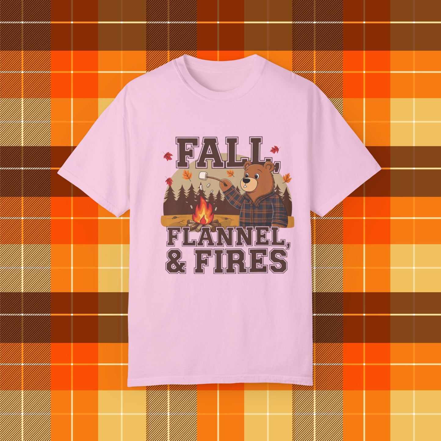 Fall Flannel Bear Campfire T-Shirt Fun Autumn Graphic Tee Cute Halloween Shirt Cozy Fall Vibes Gift for Her Him Outdoors Lover