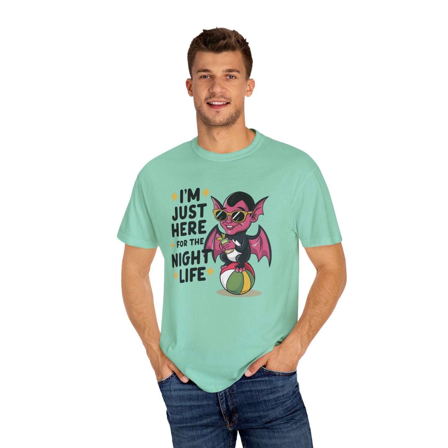 Funny Bat T-Shirt, Just Here For The Night Life Tee, Graphic Vampire Shirt, Cute Halloween T-Shirt, Beach Ball Bat T-Shirt