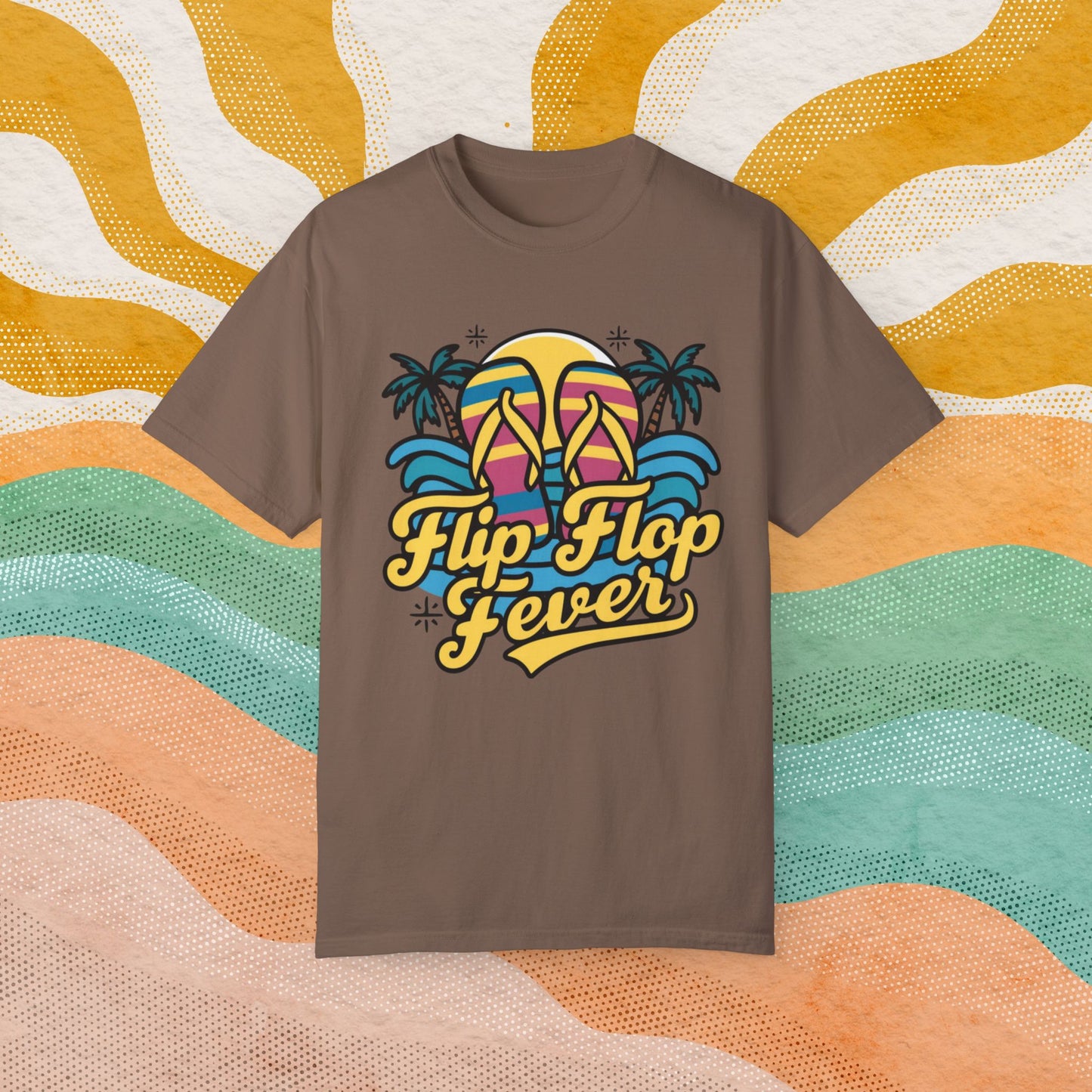 Retro Flip Flop Fever T-Shirt, Summer Vibes Beach Lovers Tee, Fun Tropical Vacation Shirt, Casual Graphic Print Top