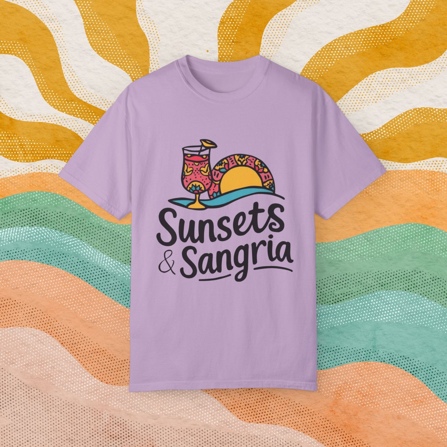 Sunsets and Sangria Graphic Tee, Fun Summer Beach Shirt, Vacation Vibes T-Shirt, Relaxed Fit Casual Top, Unique Gift Idea