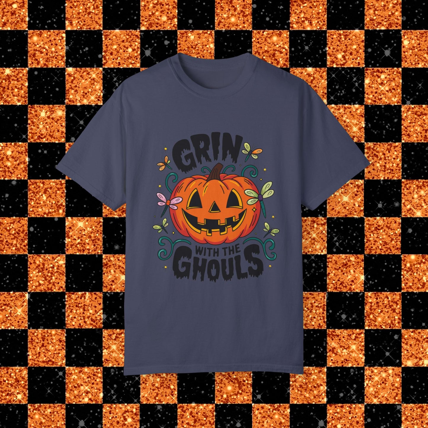 Funny Halloween T-shirt, Grin with the Ghouls, Pumpkin Face Shirt, Halloween Party Tee, Spooky Season Shirt, Dragonfly Decor