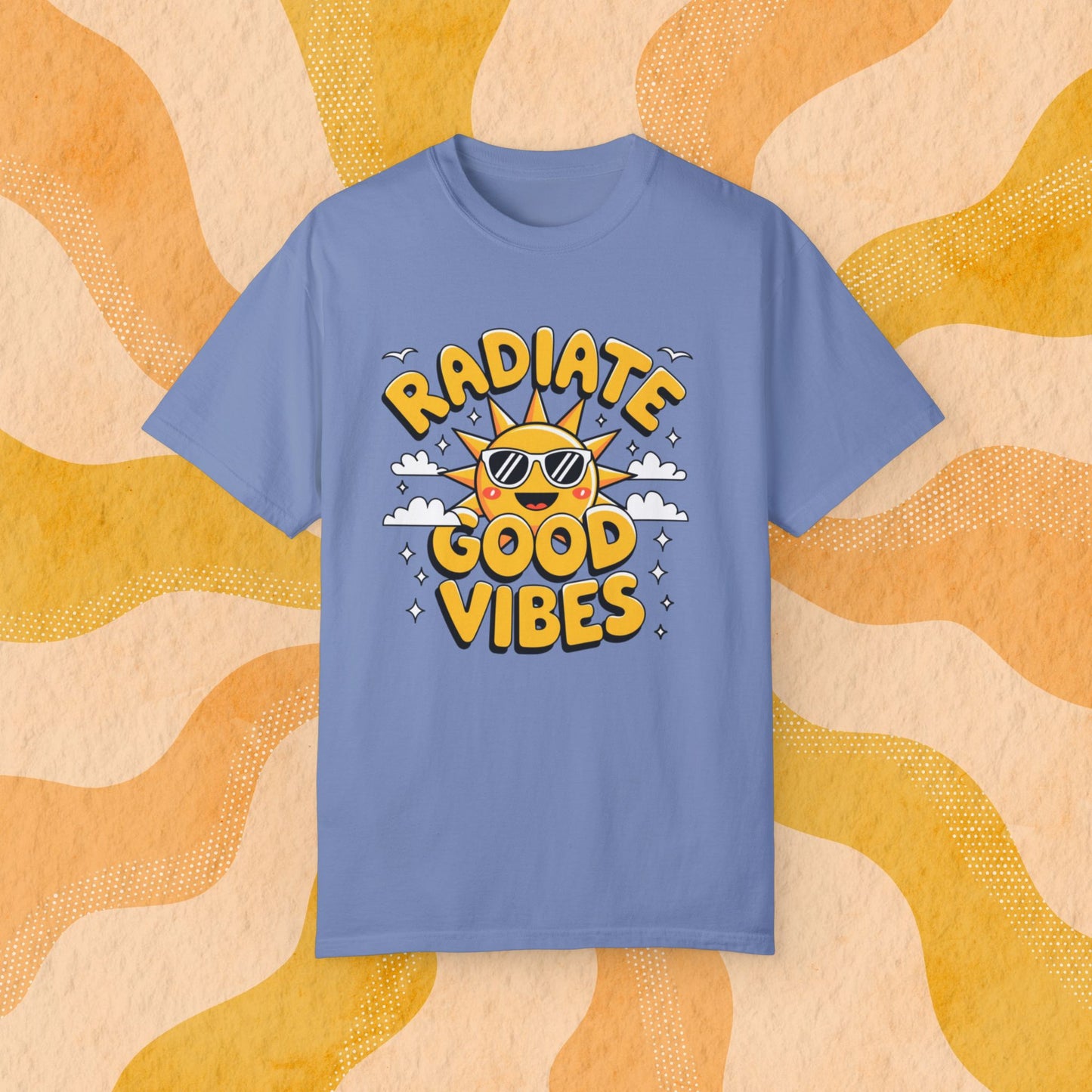 Radiate Good Vibes T-Shirt, Positive Energy Shirt, Sun and Cloud Graphic Tee, Happy Sunshine Shirt, Good Vibes Graphic Tee T-shirt Gift Garment-Dyed T-shirt