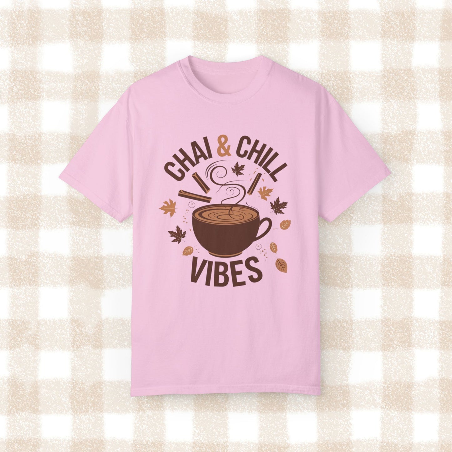 Chai and Chill Vibes T-Shirt, Cozy Autumn Tea Shirt, Fall Leaves Design Tee, Cozy Beverage Lover Gift, Comfy Casual Wear