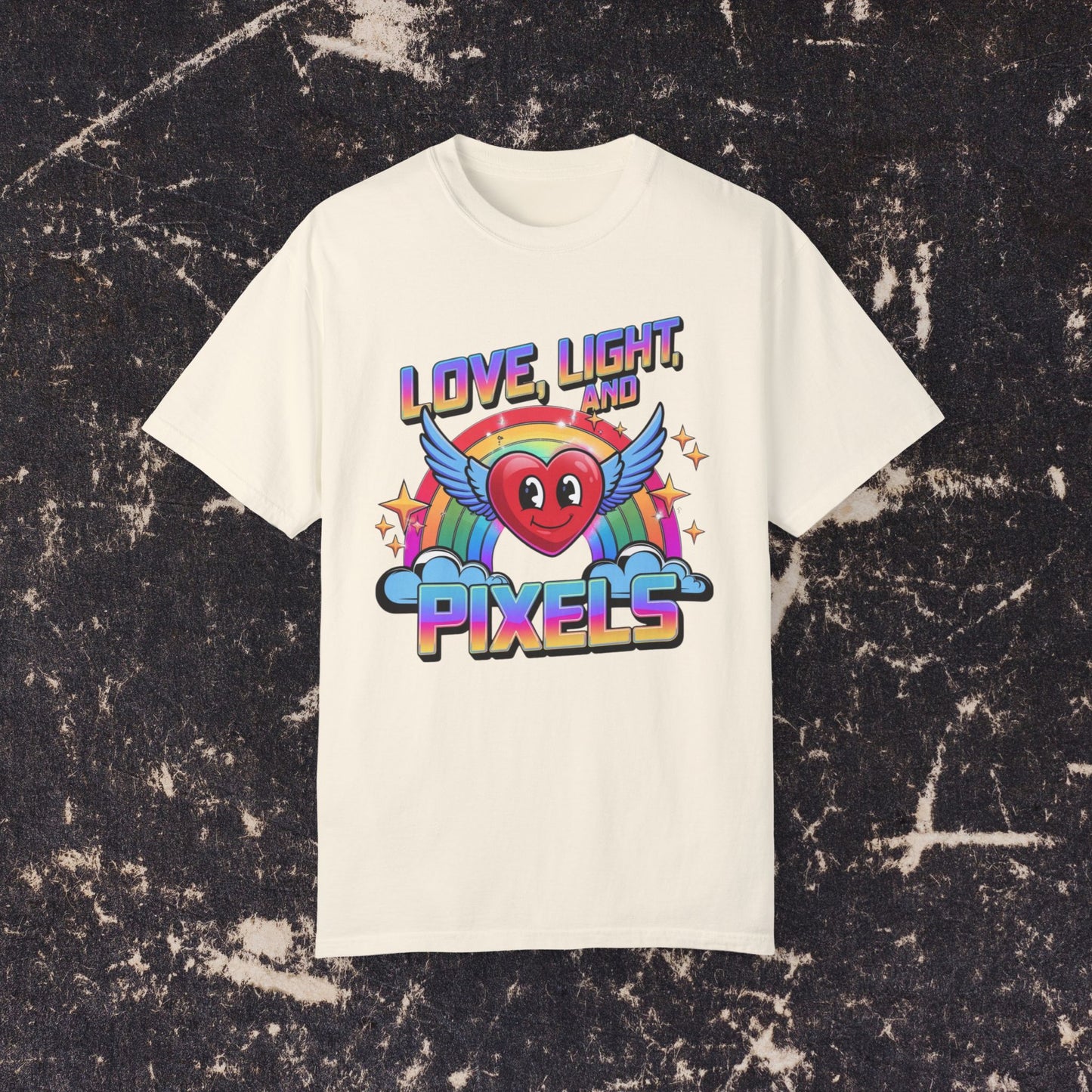 Love Light and Pixels T-Shirt, Retro Rainbow Heart Tee, Winged Heart Graphic Shirt, Positive Vibes Top, Cute Kawaii Nerd Shirt