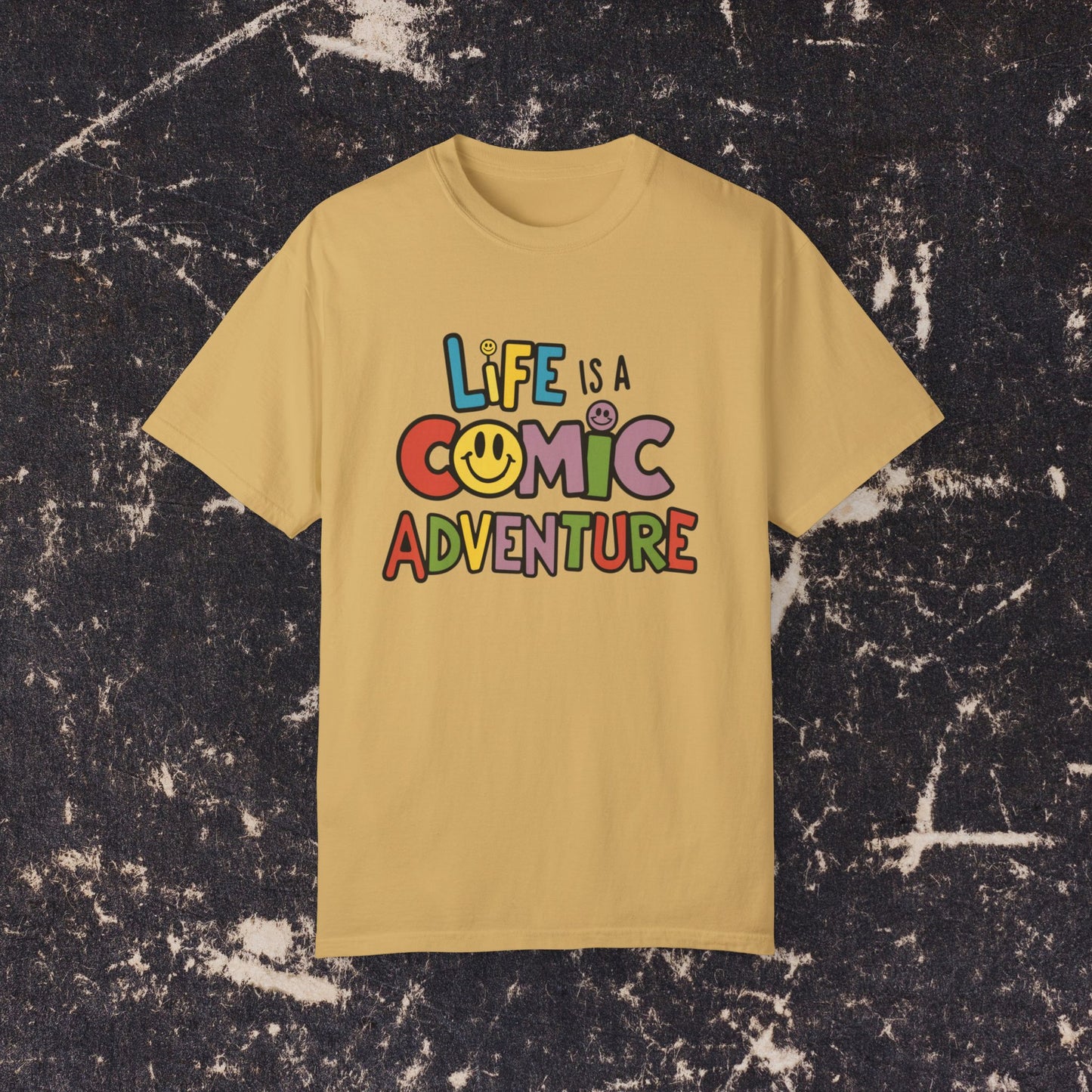 Life is a Comic Adventure T-Shirt, Fun Graphic Tee, Cute Smiley Face Shirt, Colorful Adventure T-Shirt, Positive Vibes T-Shirt