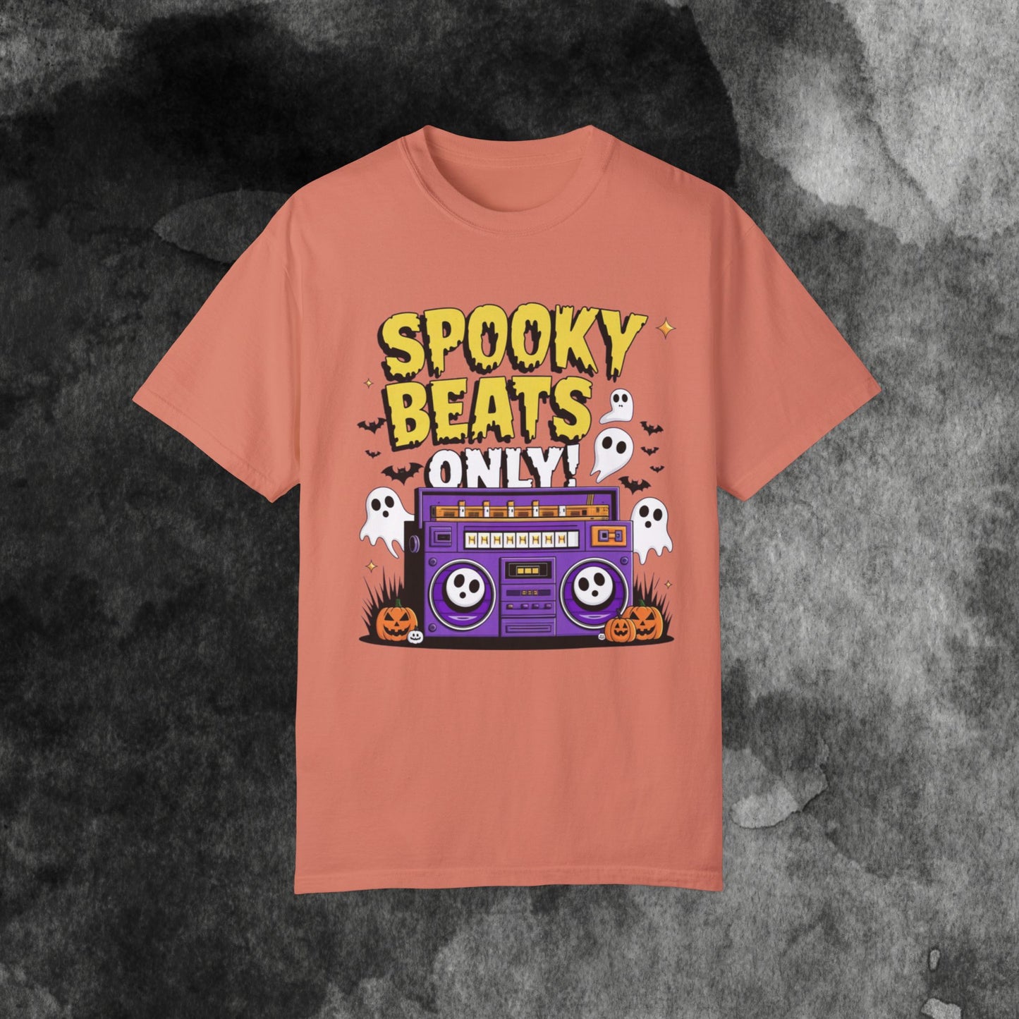 Spooky Beats Only T-Shirt, Halloween Graphic Tee, Retro Boombox Shirt, Ghosts and Pumpkins Design, Fun Holiday Apparel