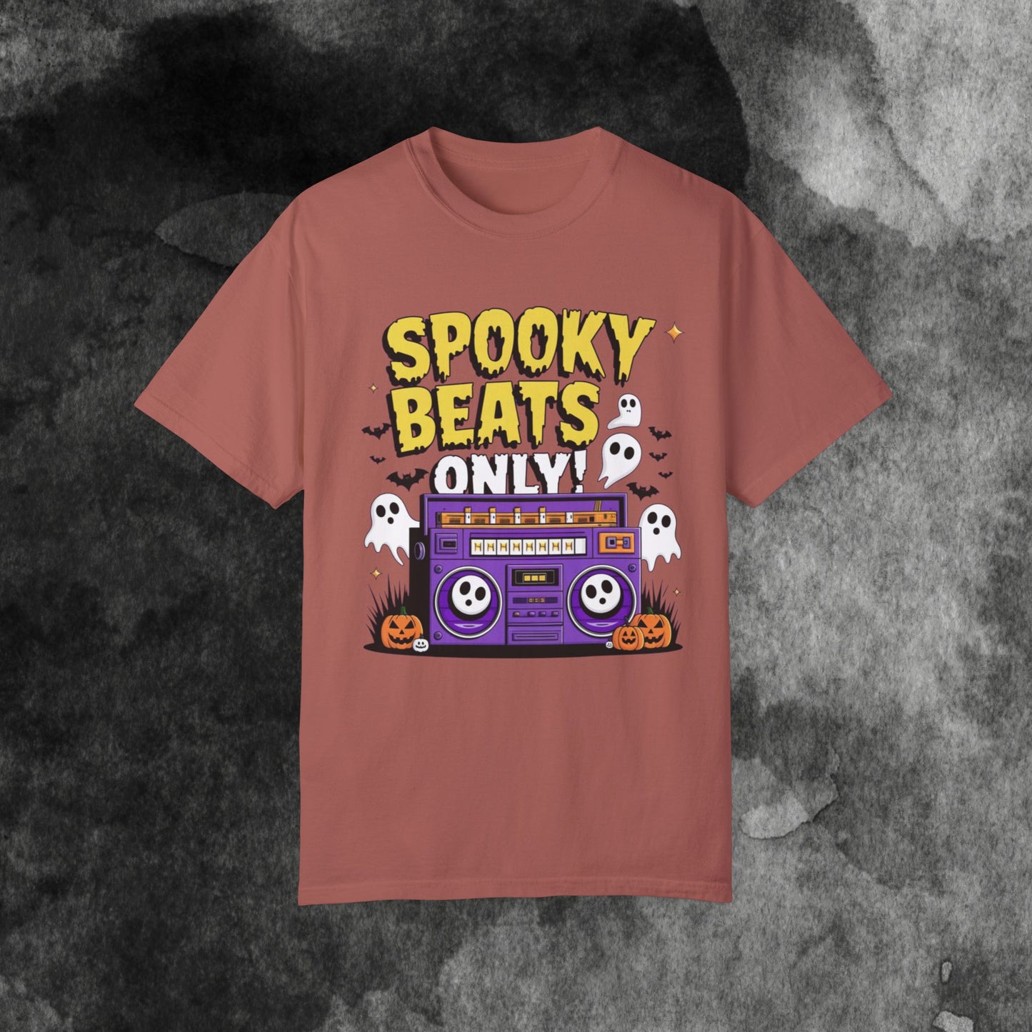 Spooky Beats Only T-Shirt, Halloween Graphic Tee, Retro Boombox Shirt, Ghosts and Pumpkins Design, Fun Holiday Apparel