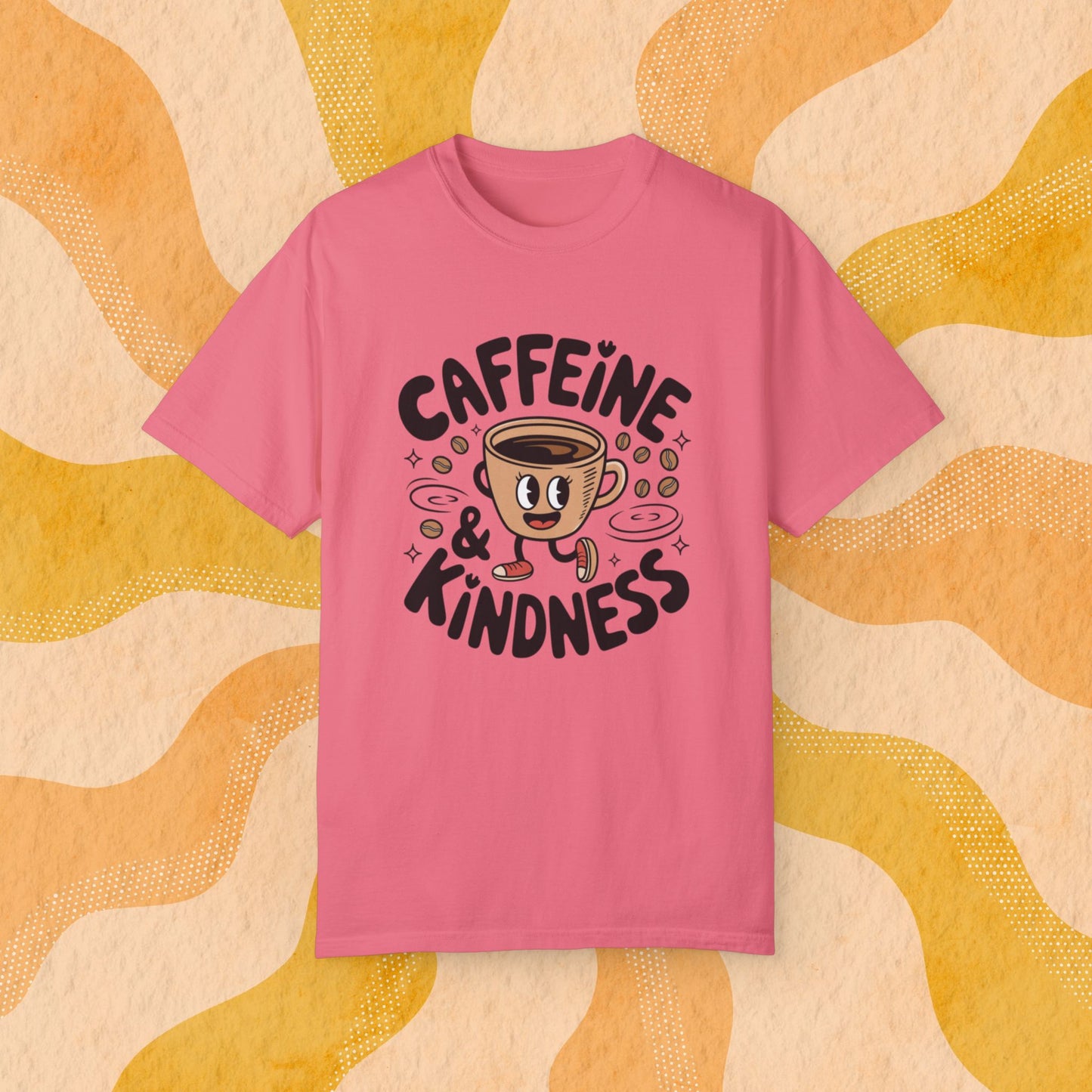 Coffee Lover T-Shirt, Caffeine and Kindness Shirt, Funny Coffee Graphic Tee, Cute Coffee Cup Illustration, Coffee Enthusiast Gift