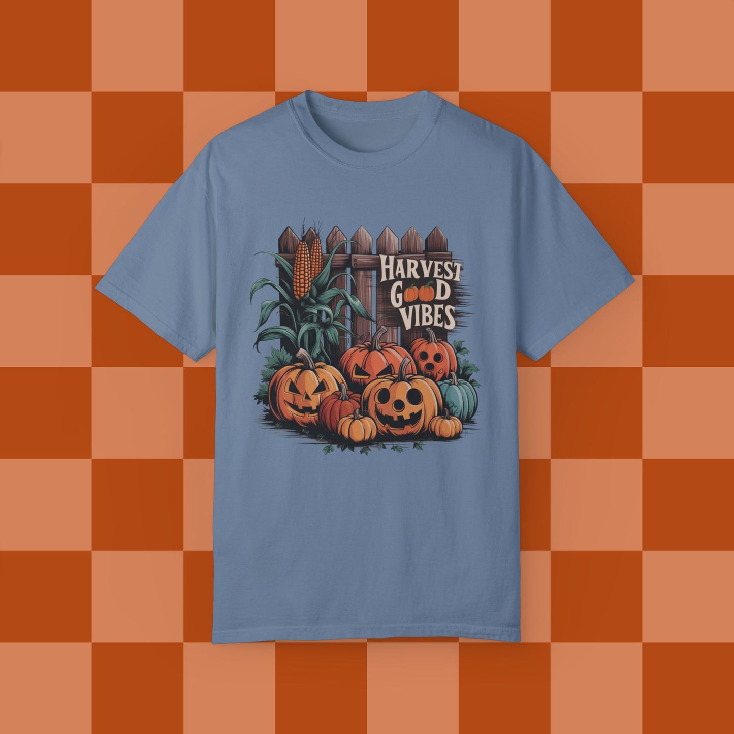 Harvest Good Vibes T-Shirt, Perfect Fall Pumpkin Design, Autumn Corn, Rustic Fence, Cozy Halloween Vibes, Seasonal Graphic Tee