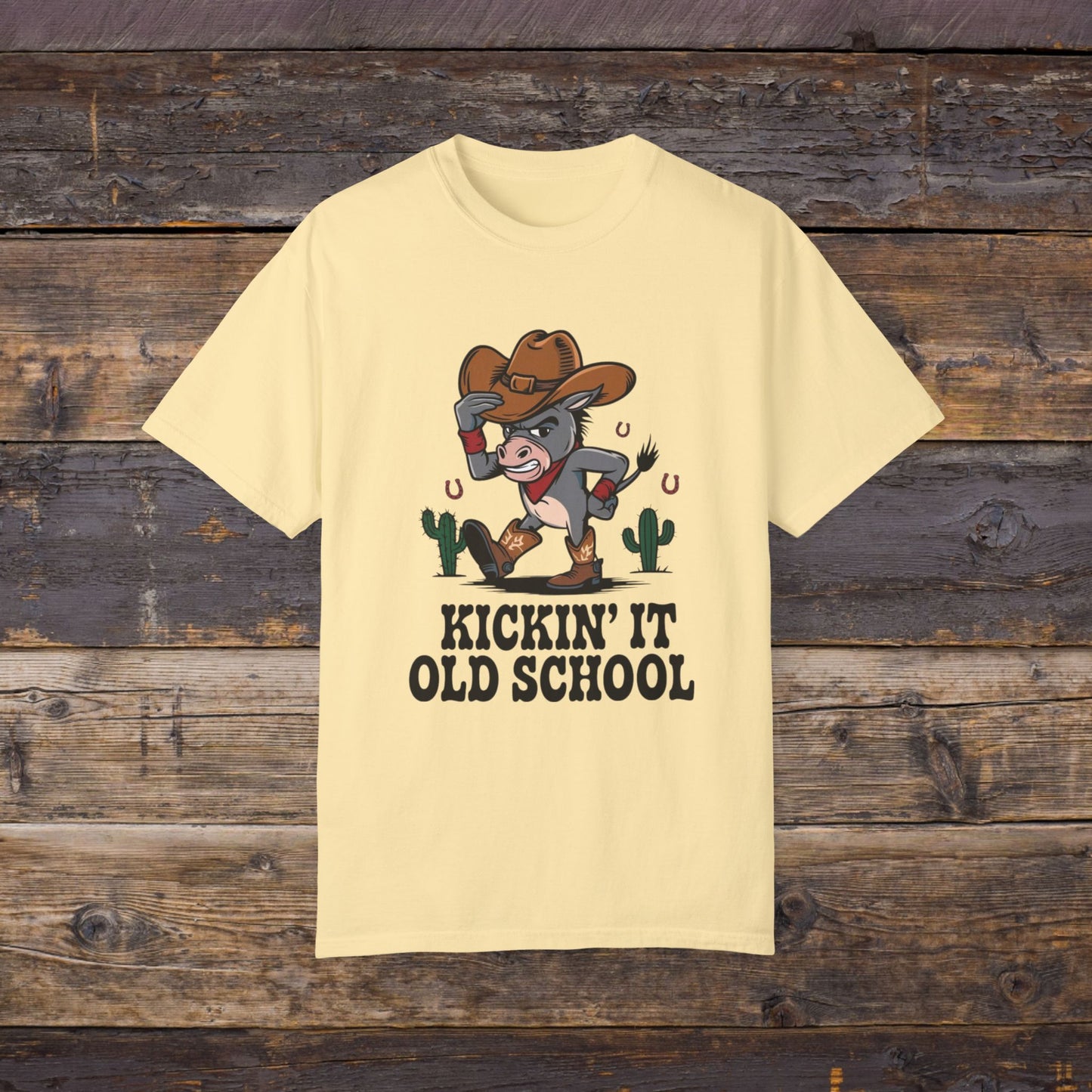 Funny Cowboy Donkey T-Shirt, Kickin' It Old School Graphic Tee, Western Novelty Shirt, Humorous Animal Design, Country Style T-Shirt