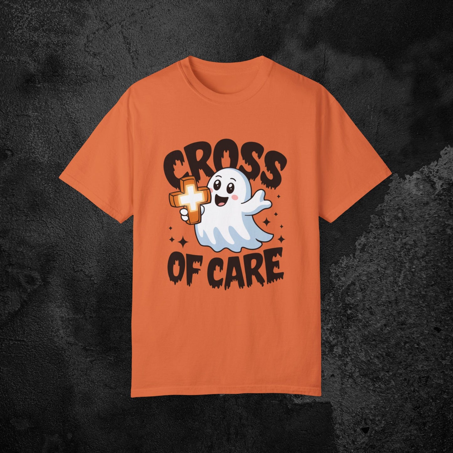 Cute Ghost Cross of Care T Shirt, Fun Halloween Graphic Tee, Perfect for Halloween Parties, Casual Wear, Gift Idea for Friends