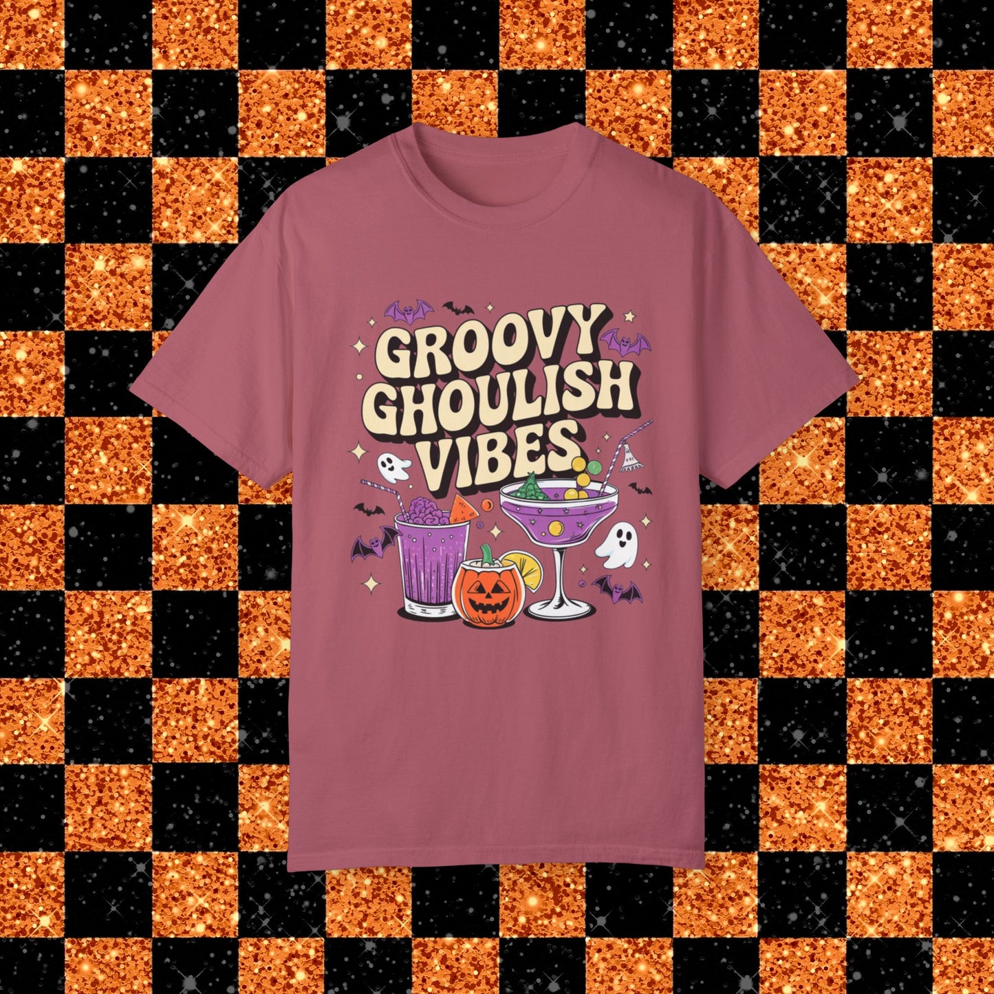 Groovy Ghoulish Vibes T-Shirt, Halloween Ghosts and Pumpkins Tee, Spooky Cocktail Party Shirt, Fun Halloween Graphic Tee