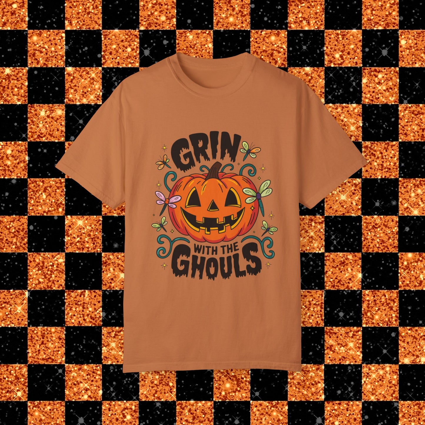 Funny Halloween T-shirt, Grin with the Ghouls, Pumpkin Face Shirt, Halloween Party Tee, Spooky Season Shirt, Dragonfly Decor