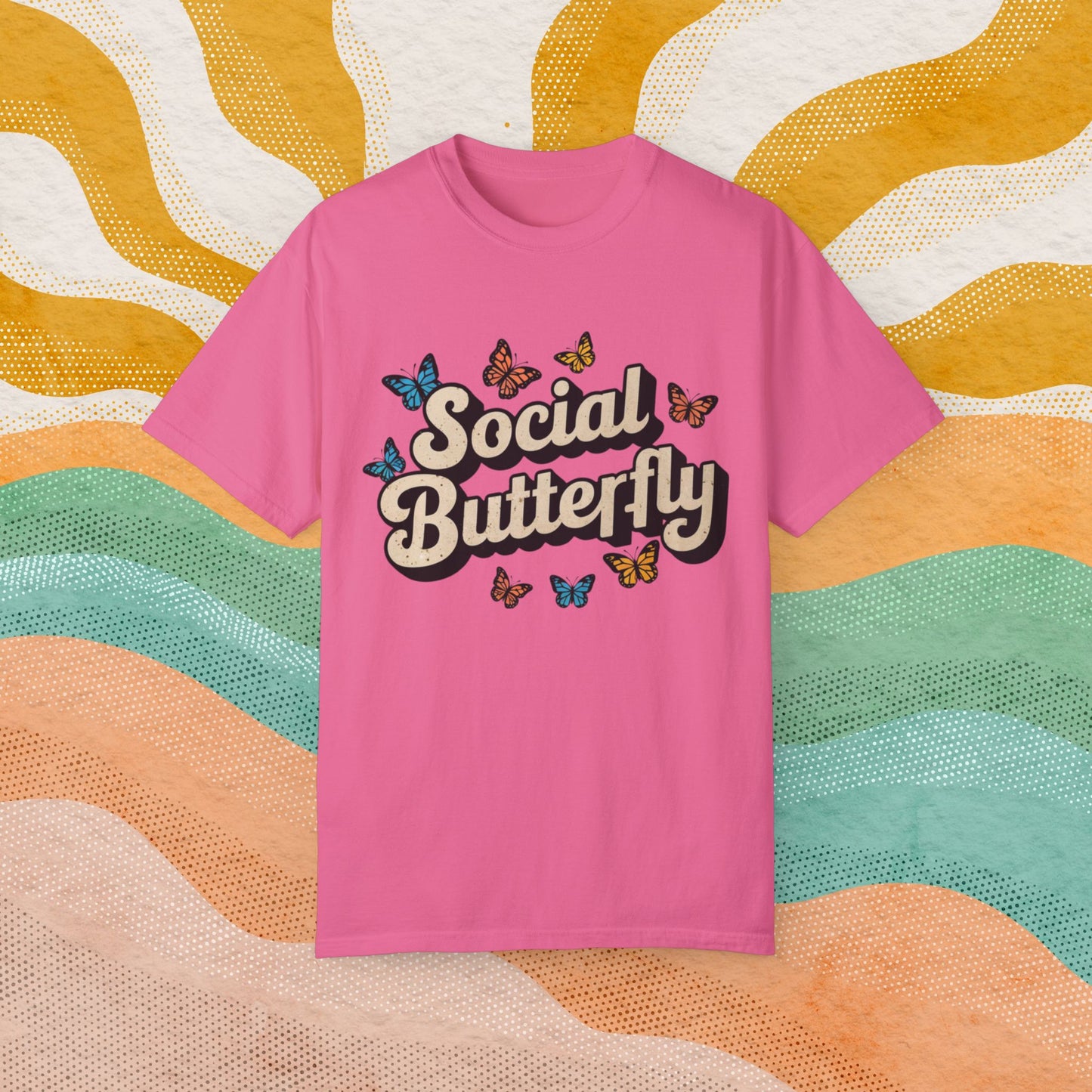 Social Butterfly T-Shirt, Colorful Butterfly Graphic Tee, Fun Summer Fashion, Casual Short Sleeve Shirt, Trendy Gift Idea