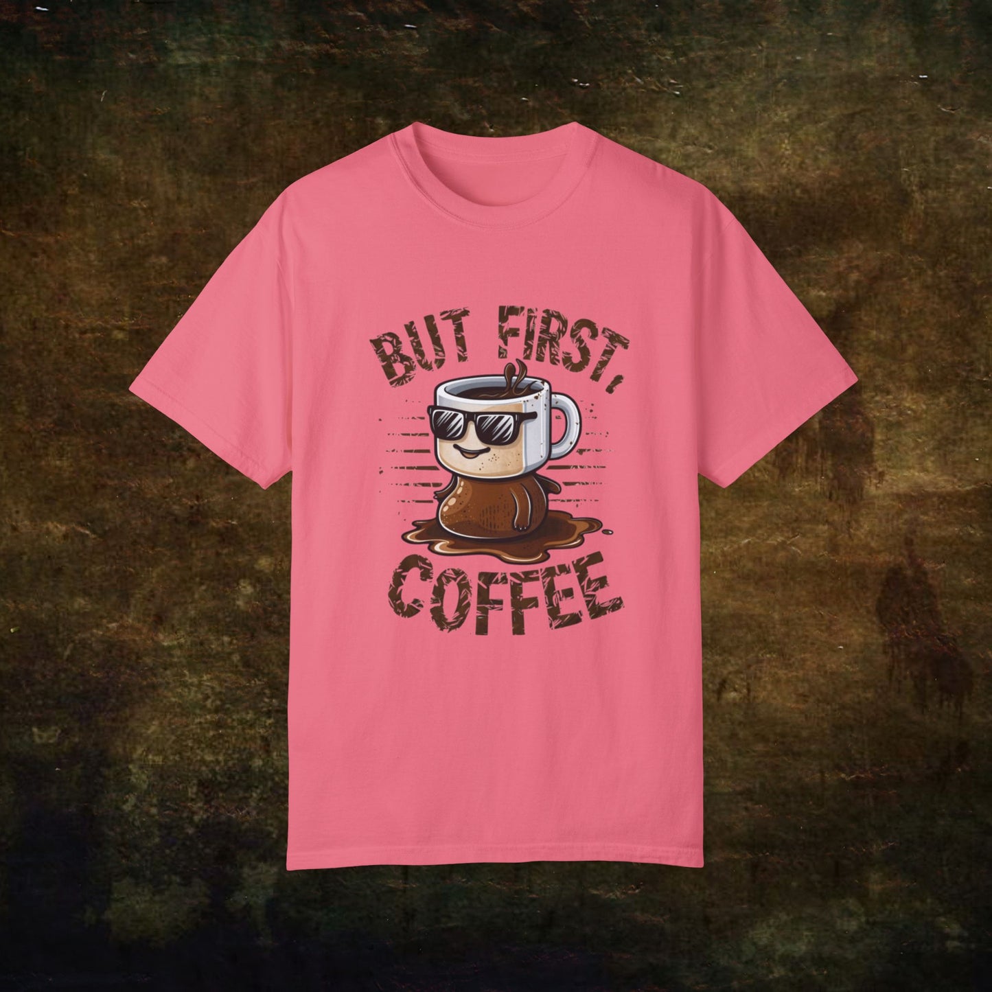 Title But First Coffee T-Shirt Funny Coffee Lover Graphic Tee Cool Coffee Mug Shirt Casual Coffee Shirt Gift for Caffeine Addicts