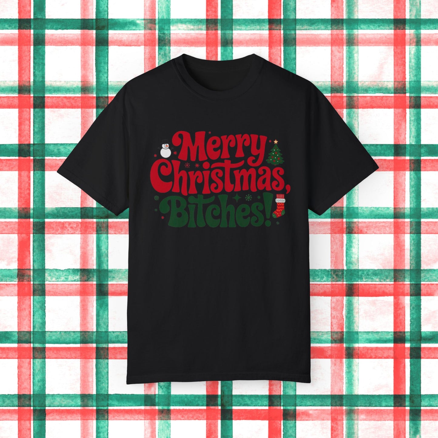 Merry Christmas Bitches Funny Holiday T-Shirt, Christmas Tree and Snowman Graphic Tee, Fun Xmas Shirt, Christmas Party Shirt