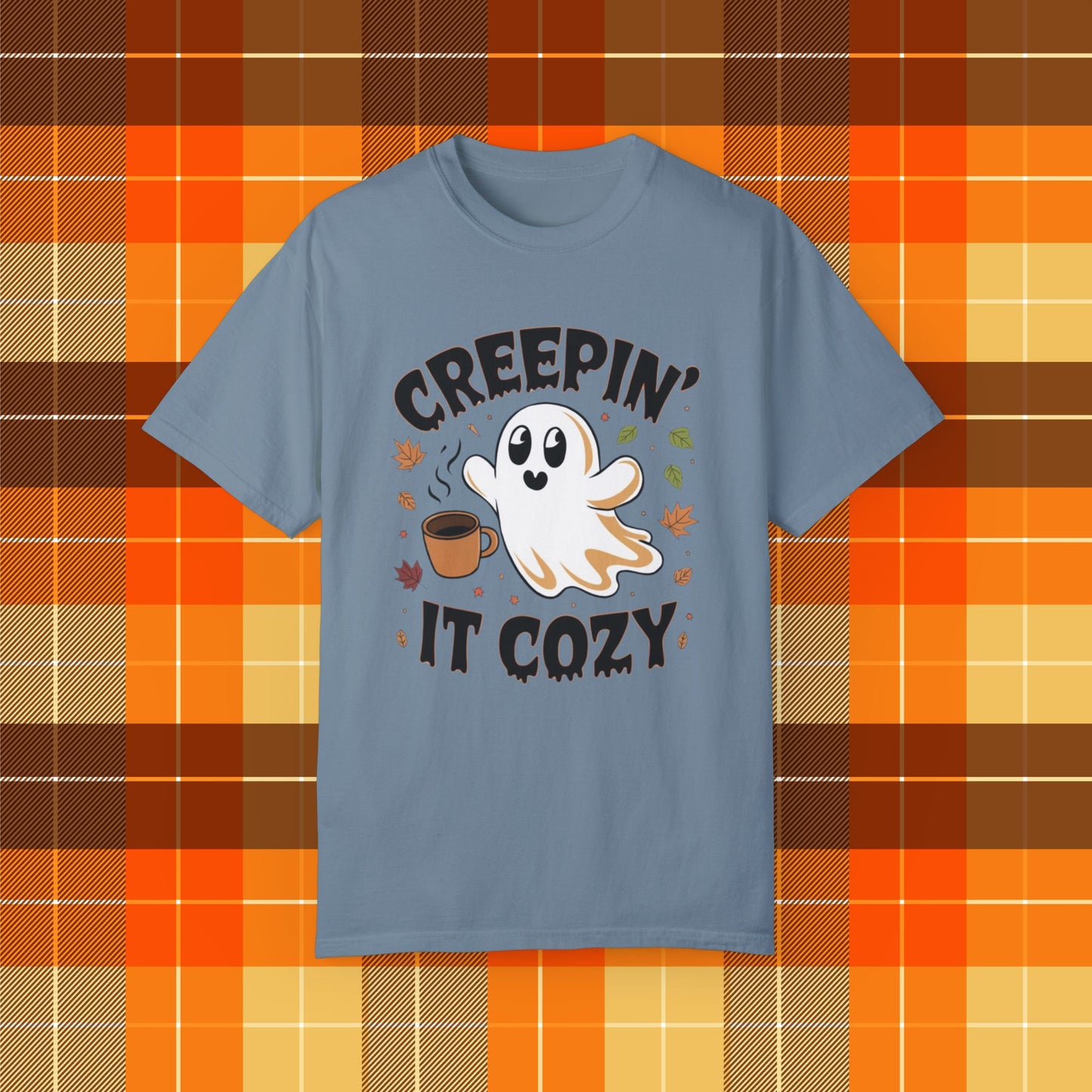 Creepin it cozy ghost coffee T-shirt, Funny Halloween fall leaves shirt, Spooky season graphic tee, Autumn cozy vibes top