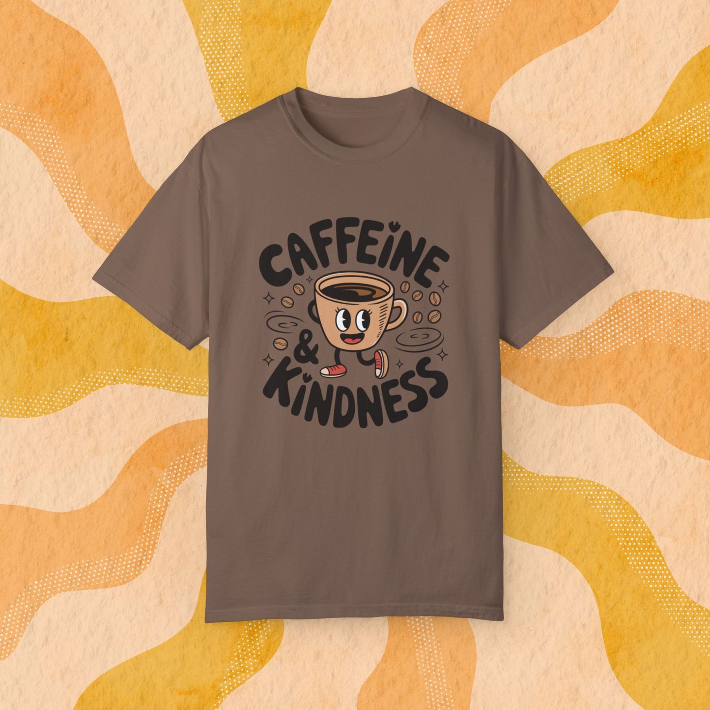 Coffee Lover T-Shirt, Caffeine and Kindness Shirt, Funny Coffee Graphic Tee, Cute Coffee Cup Illustration, Coffee Enthusiast Gift