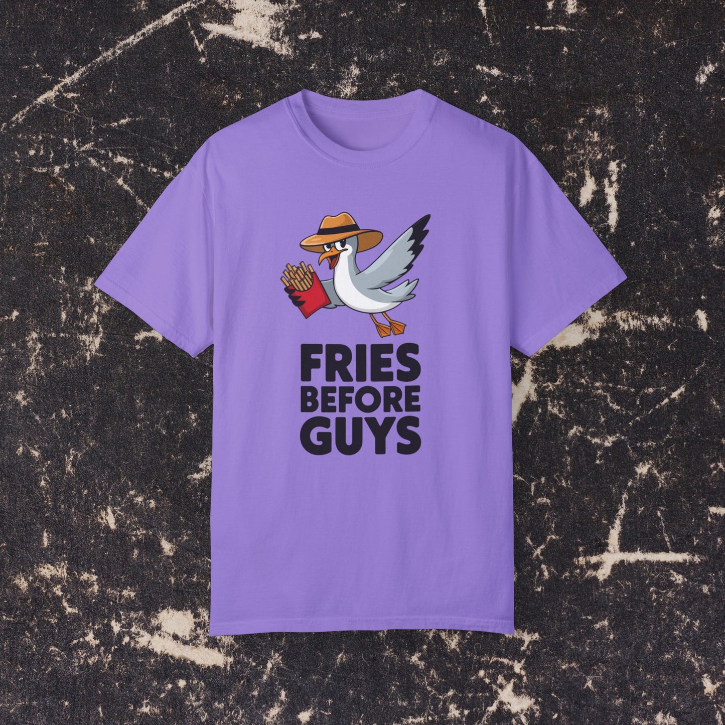 Funny Fries Before Guys Seagull T-Shirt, Humorous Casual Tee, Cute Seagull Graphic Shirt, Fries Lovers Gift, Fun Seagull Tee