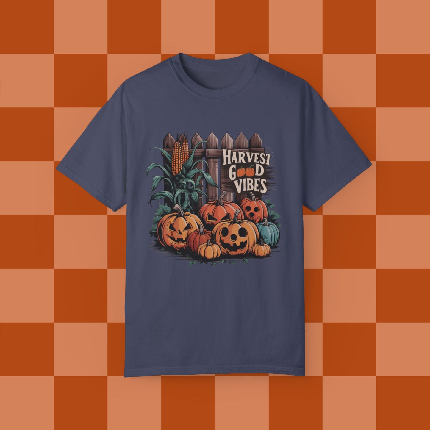 Harvest Good Vibes T-Shirt, Perfect Fall Pumpkin Design, Autumn Corn, Rustic Fence, Cozy Halloween Vibes, Seasonal Graphic Tee