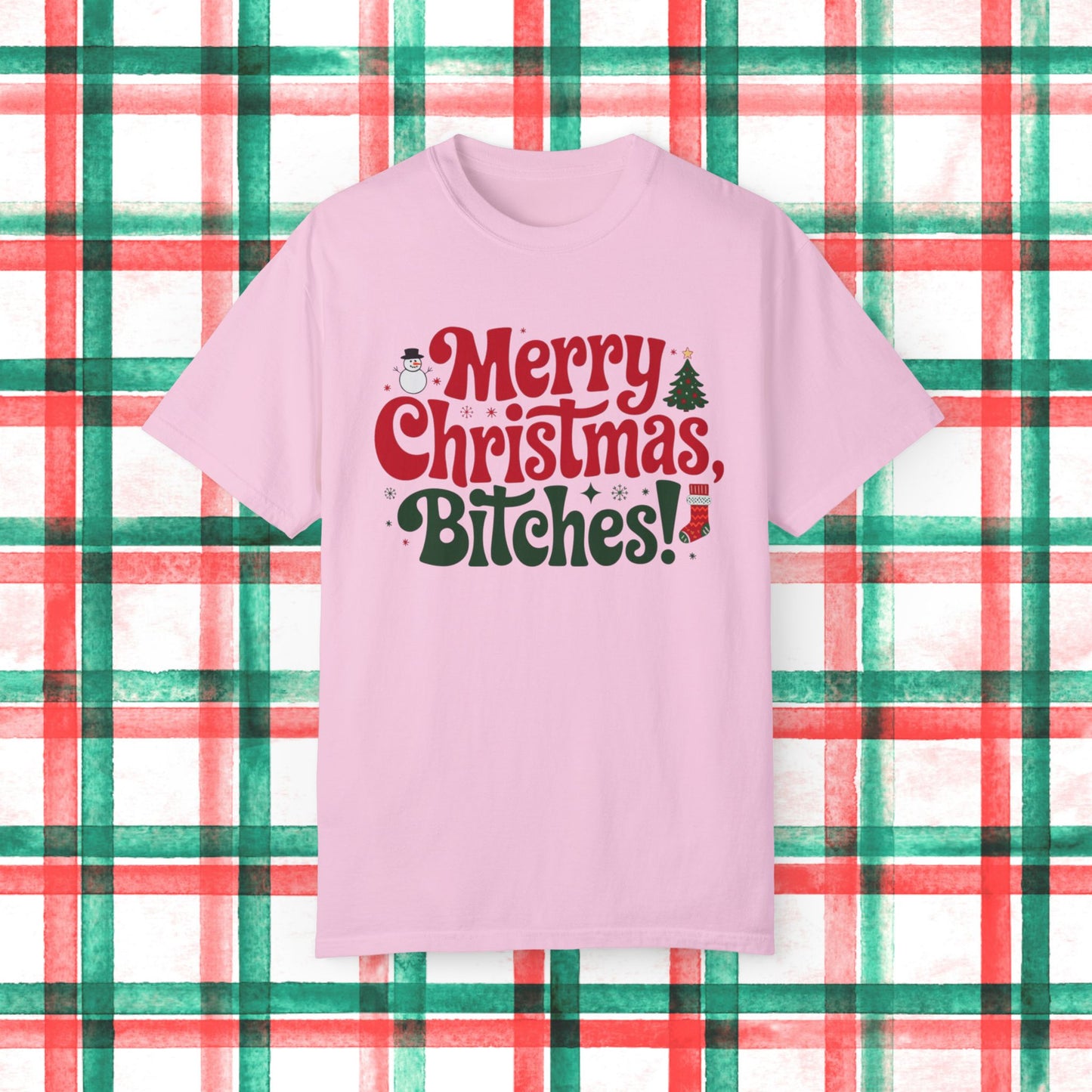 Merry Christmas Bitches Funny Holiday T-Shirt, Christmas Tree and Snowman Graphic Tee, Fun Xmas Shirt, Christmas Party Shirt