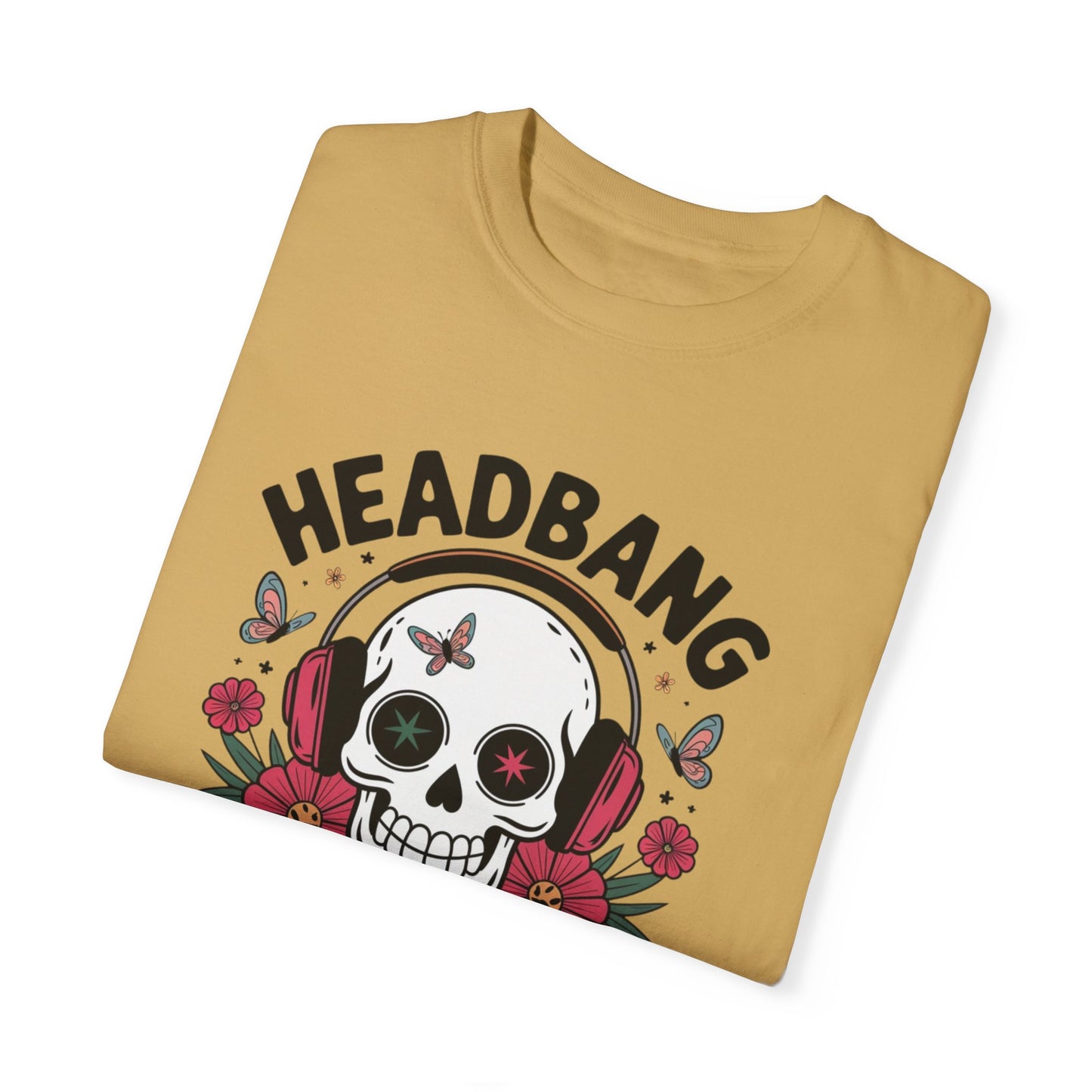 Rock Music Skull Headphones T Shirt, Headbang Into Happiness Graphic Tee, Skull and Flowers Music Lovers Shirt, Fun Music Band Tee