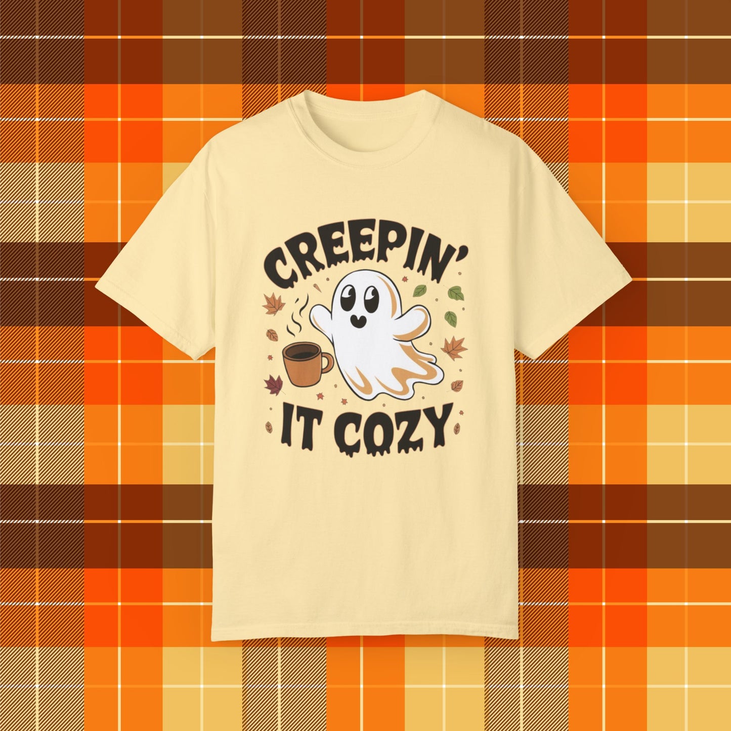 Creepin it cozy ghost coffee T-shirt, Funny Halloween fall leaves shirt, Spooky season graphic tee, Autumn cozy vibes top