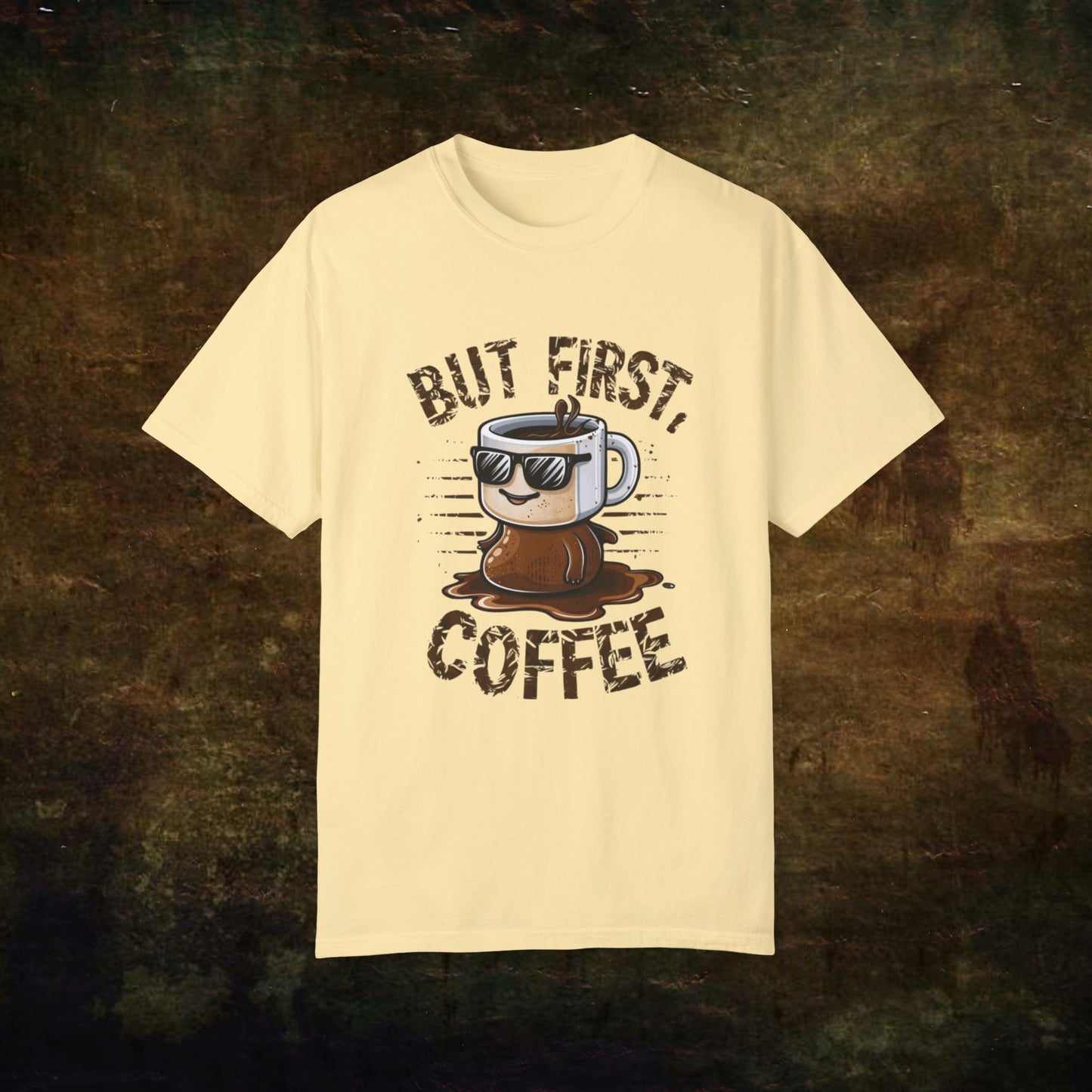 Title But First Coffee T-Shirt Funny Coffee Lover Graphic Tee Cool Coffee Mug Shirt Casual Coffee Shirt Gift for Caffeine Addicts