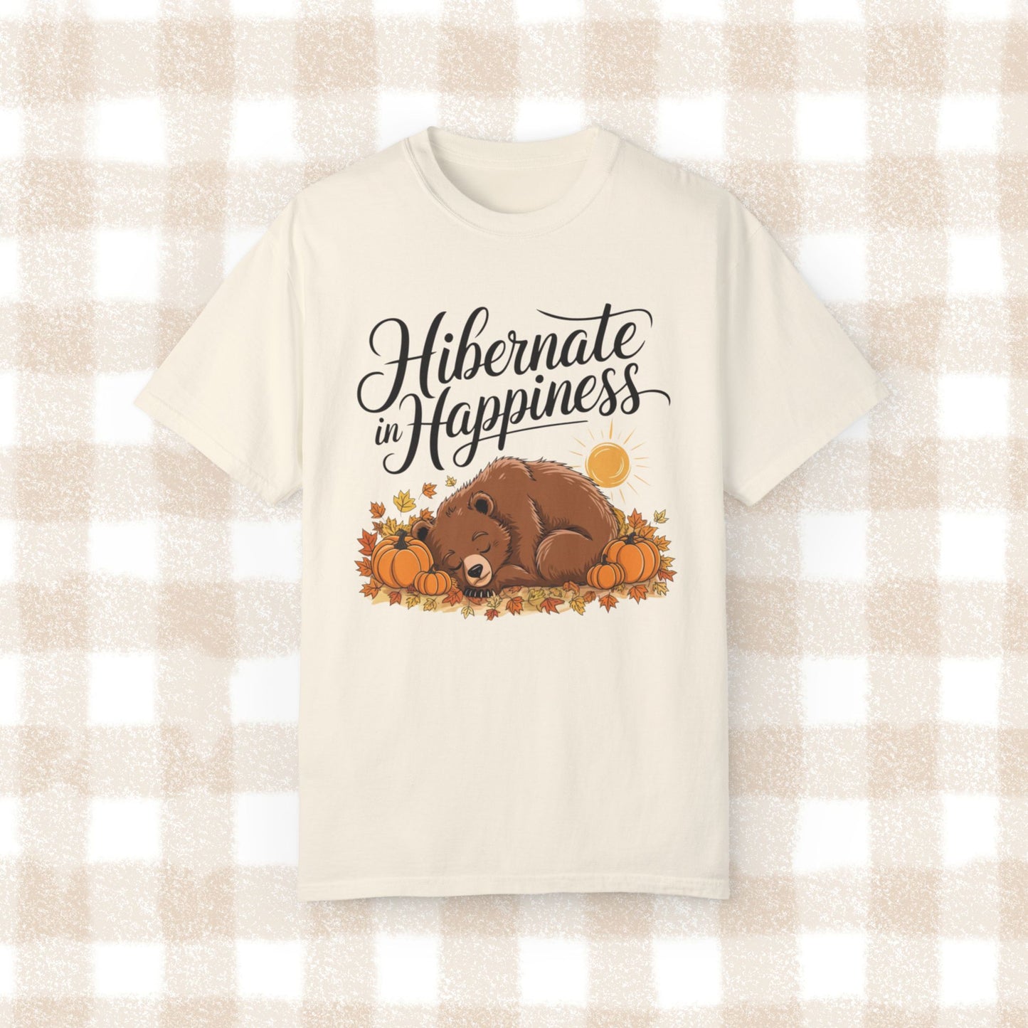 Hibernate in Happiness Bear Fall Design T-Shirt, Cute Bear Sleeping with Pumpkins, Autumn Leaves, Sun, Nature Lovers Gift Tee