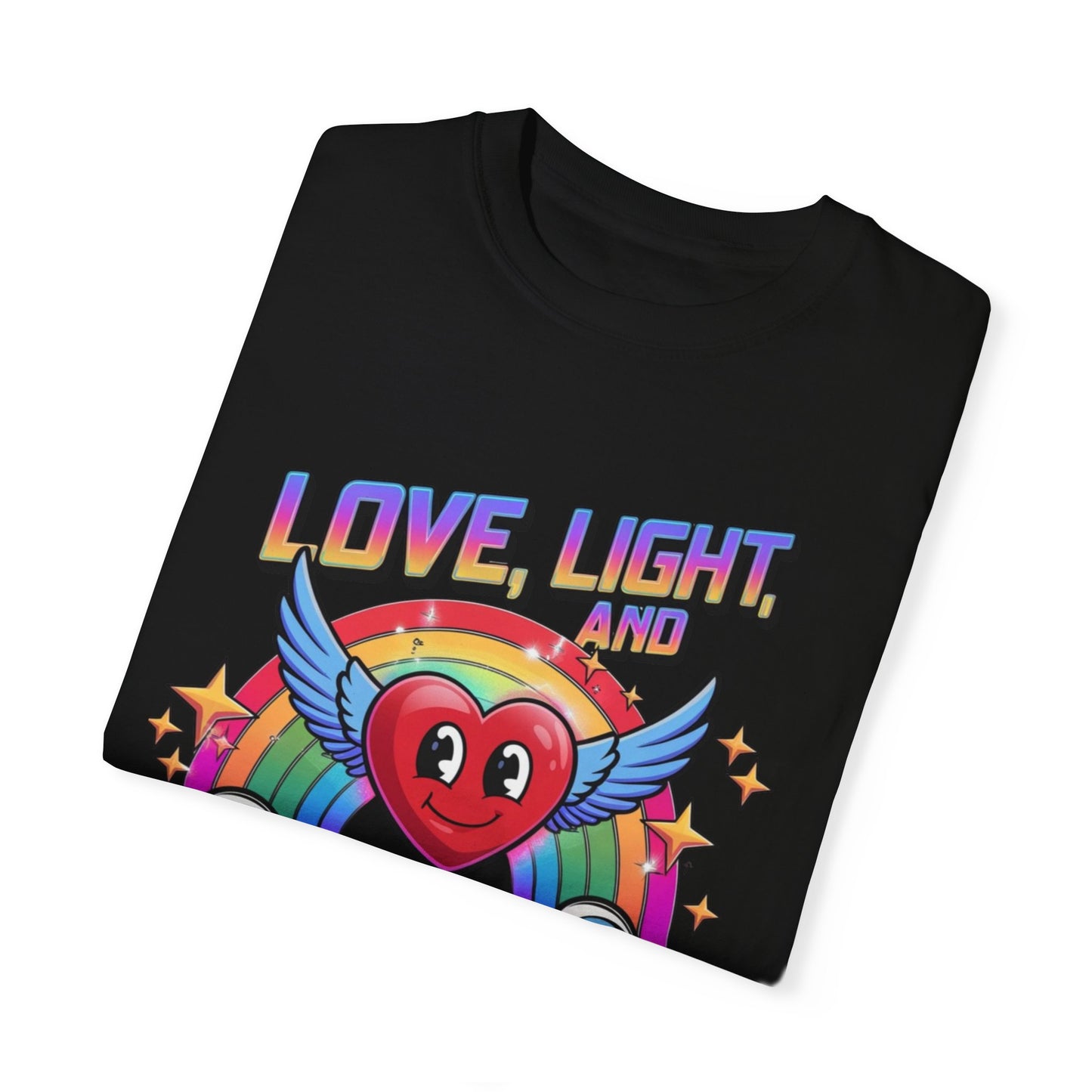 Love Light and Pixels T-Shirt, Retro Rainbow Heart Tee, Winged Heart Graphic Shirt, Positive Vibes Top, Cute Kawaii Nerd Shirt