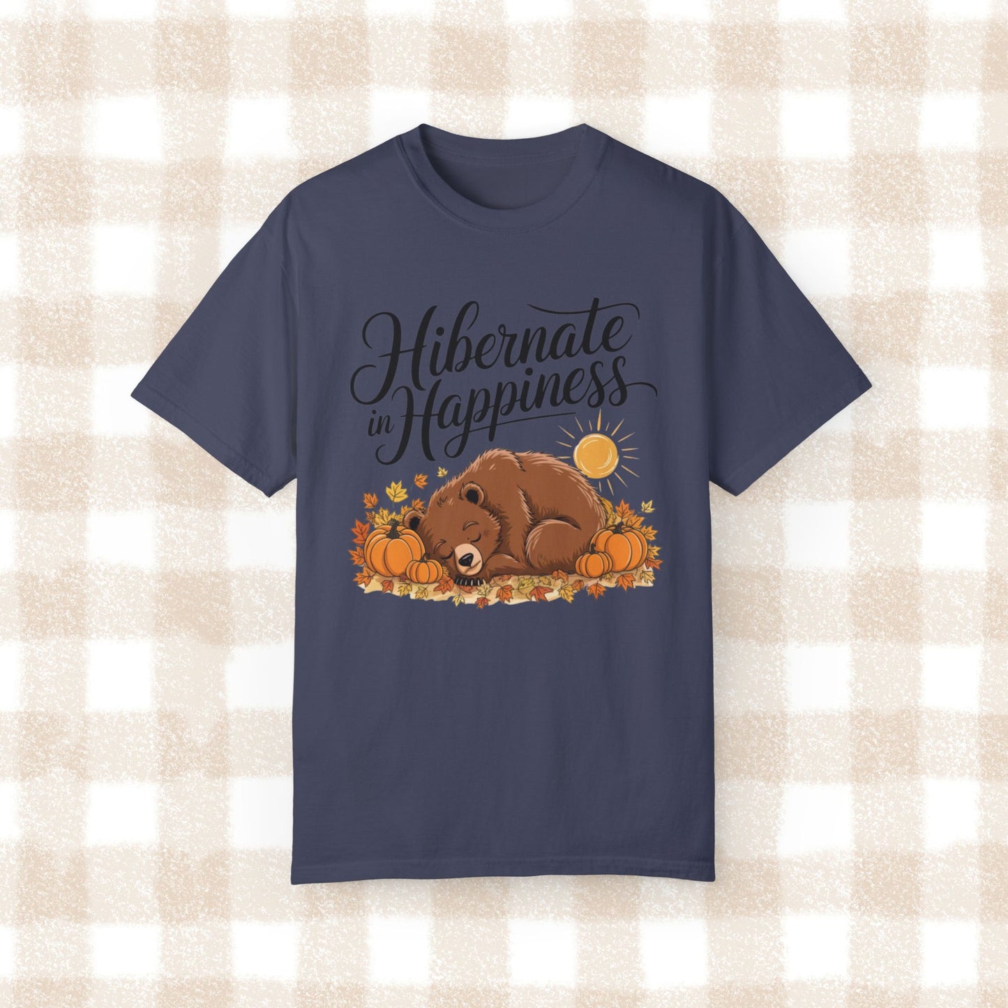 Hibernate in Happiness Bear Fall Design T-Shirt, Cute Bear Sleeping with Pumpkins, Autumn Leaves, Sun, Nature Lovers Gift Tee