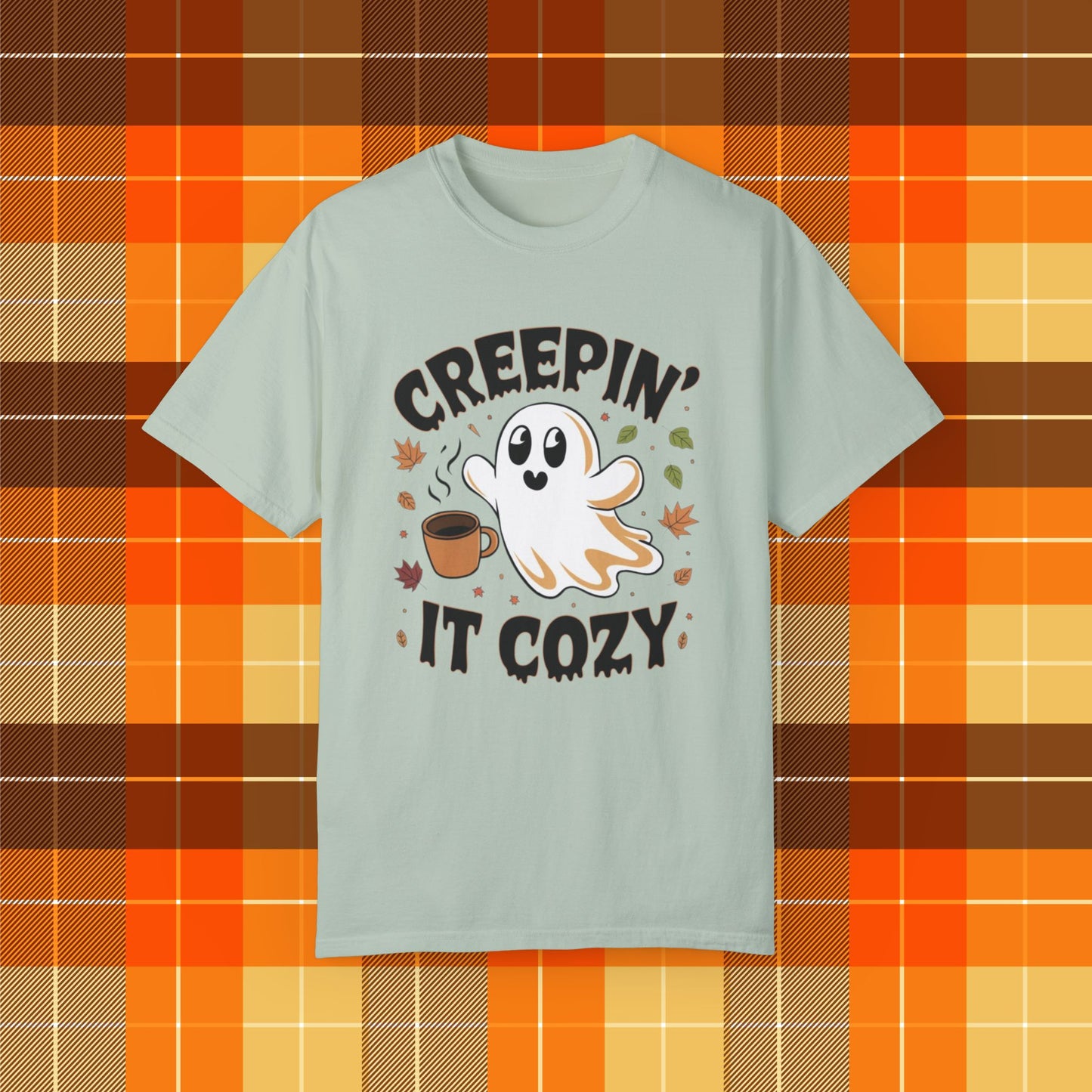 Creepin it cozy ghost coffee T-shirt, Funny Halloween fall leaves shirt, Spooky season graphic tee, Autumn cozy vibes top