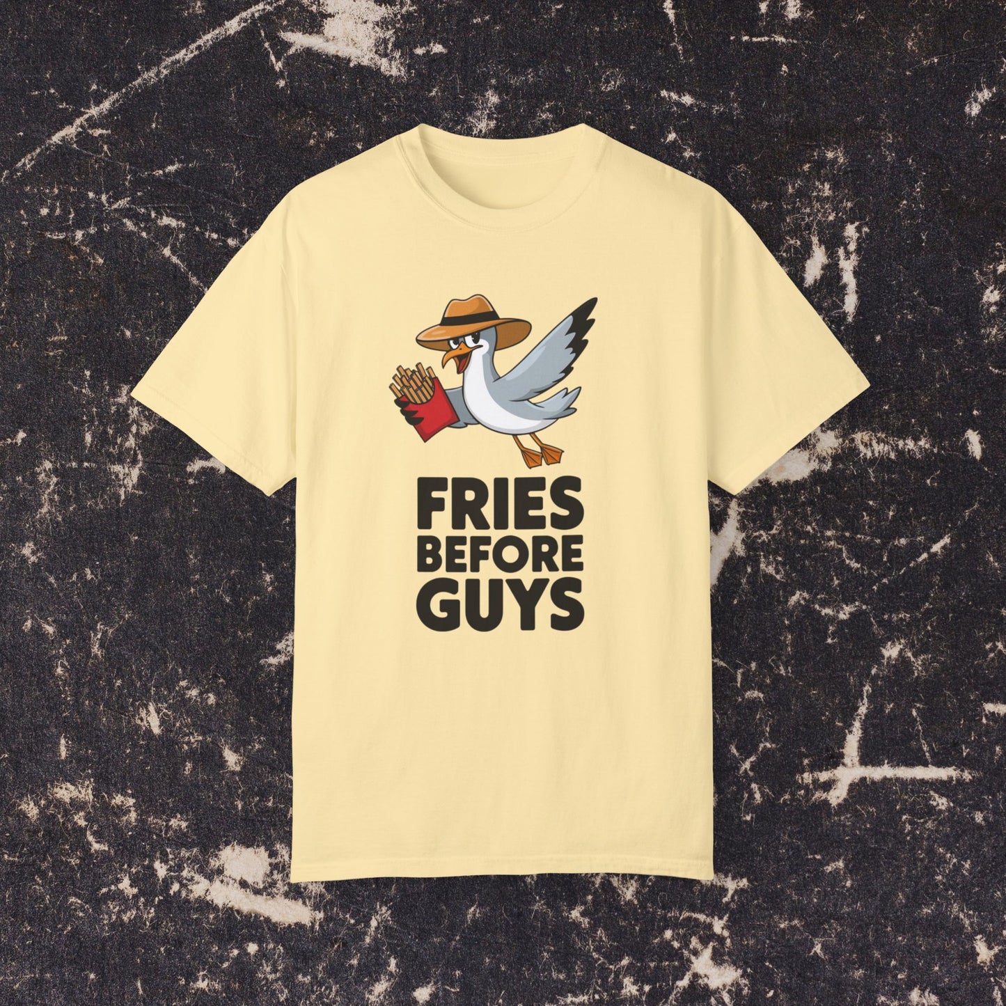 Funny Fries Before Guys Seagull T-Shirt, Humorous Casual Tee, Cute Seagull Graphic Shirt, Fries Lovers Gift, Fun Seagull Tee