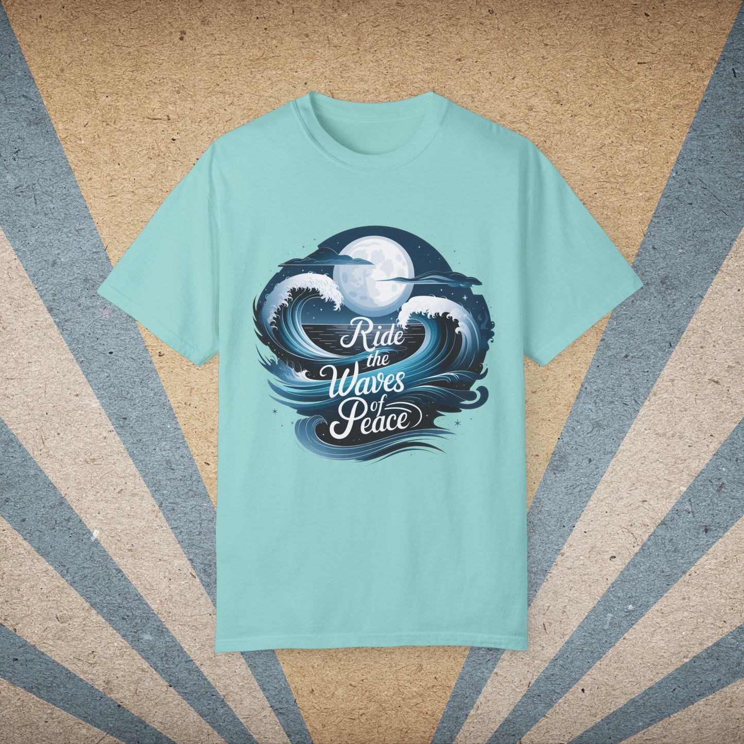 Ride the Waves of Peace Graphic T-Shirt, Surfing Ocean Moon Design Tee, Beach Lovers Shirt, Nautical Themed Apparel Top Garment-Dyed T-shirt