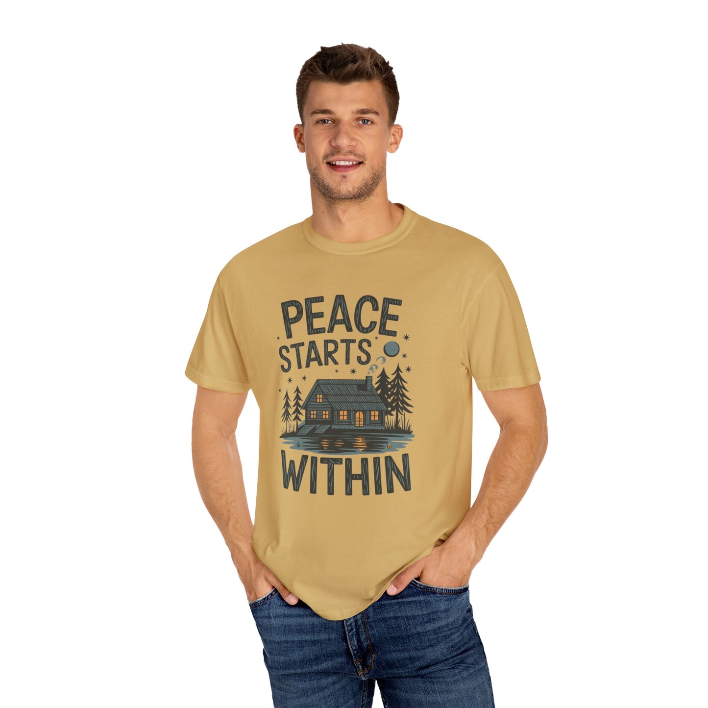 Peace Starts Within T Shirt, Cabin in Woods Graphic Tee, Cozy Cabin Shirt, Inspirational Quote T Shirt, Adventurous Outdoor Tee