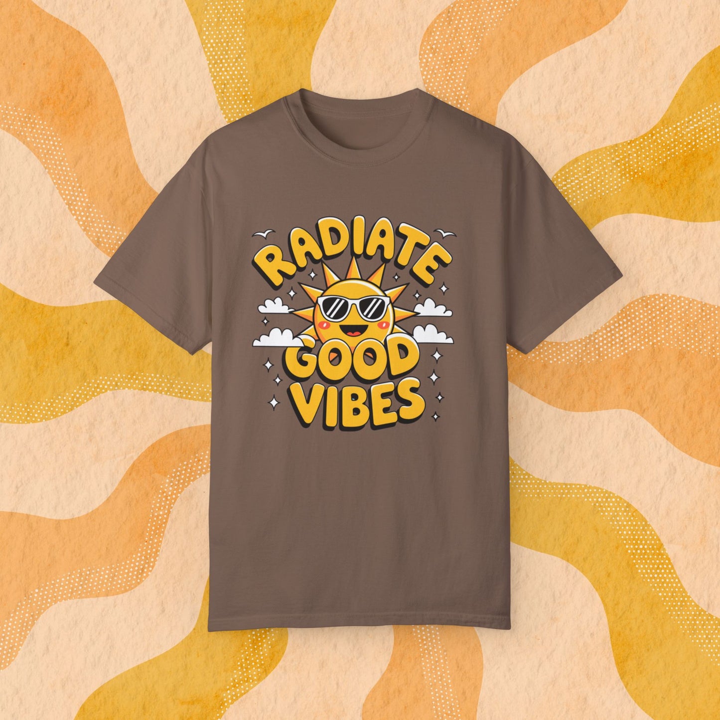 Radiate Good Vibes T-Shirt, Positive Energy Shirt, Sun and Cloud Graphic Tee, Happy Sunshine Shirt, Good Vibes Graphic Tee T-shirt Gift Garment-Dyed T-shirt