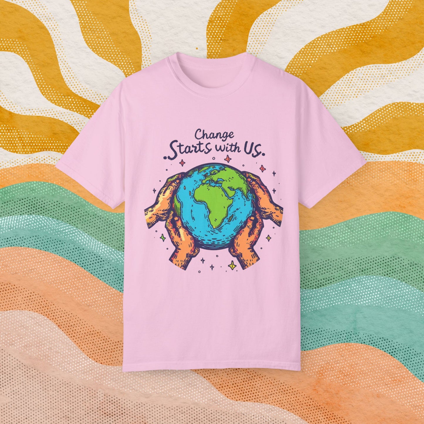 Change Starts with Us Earth Design T-Shirt, Inspirational World Graphic Tee, Environmental Awareness Shirt for Men Women