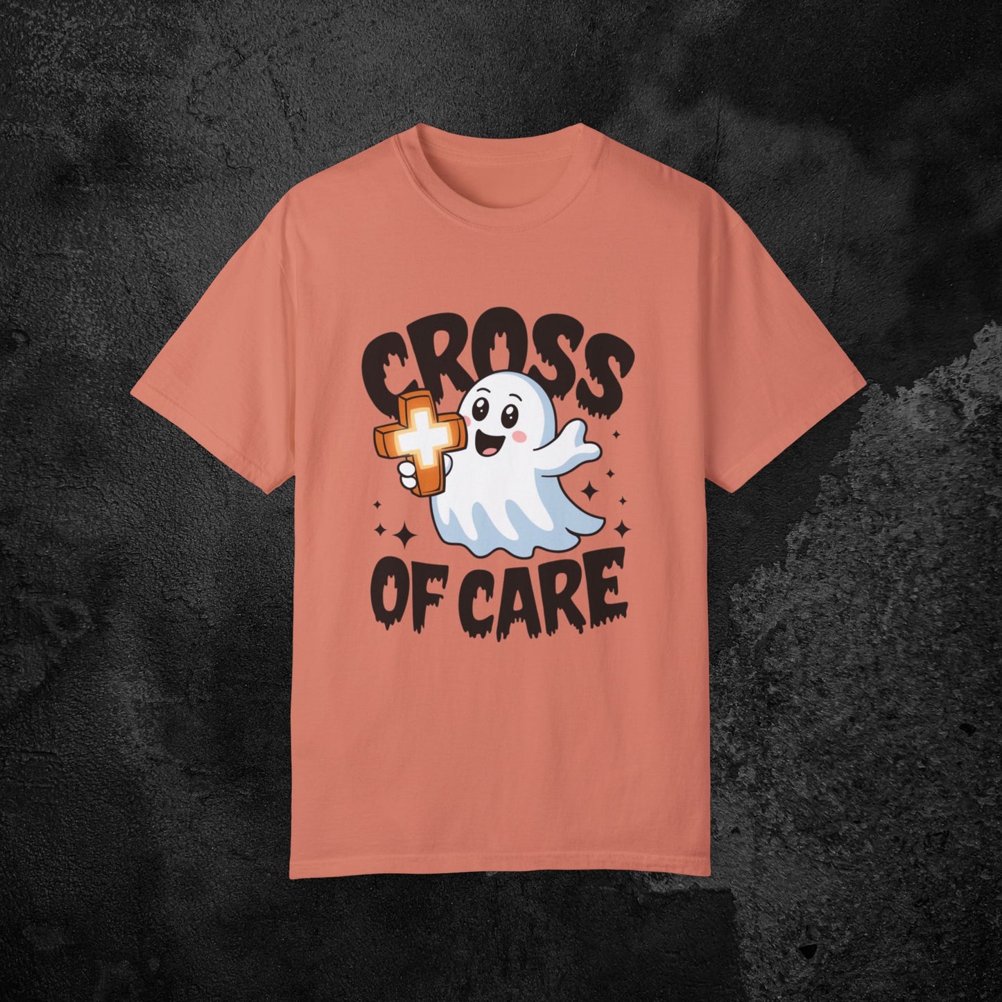 Cute Ghost Cross of Care T Shirt, Fun Halloween Graphic Tee, Perfect for Halloween Parties, Casual Wear, Gift Idea for Friends