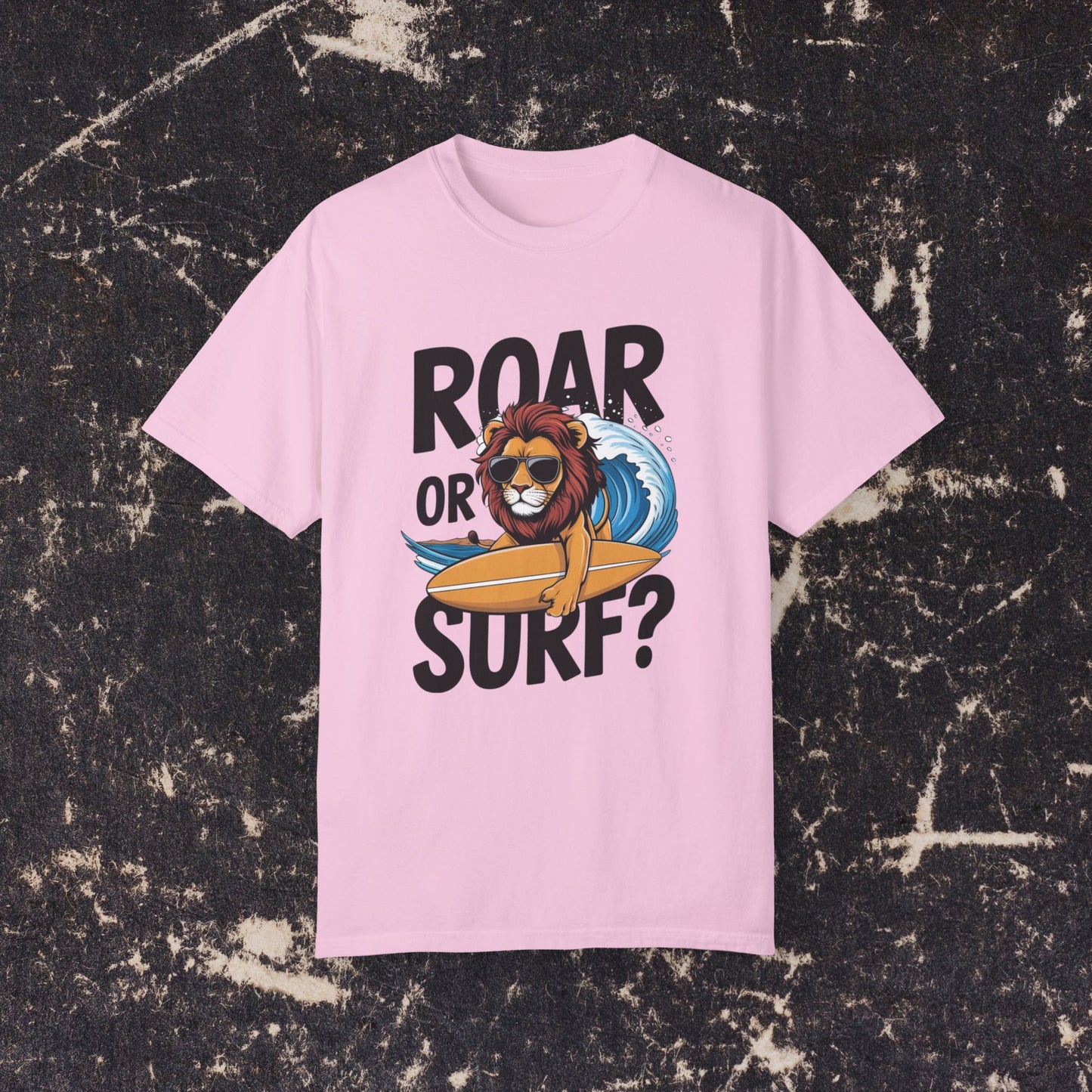 Lion Surfer T-Shirt, Roar or Surf Graphic Tee, Fun Summer Beach Tee, Cool Lion Surfing Shirt, Unique Animal Graphic Tee