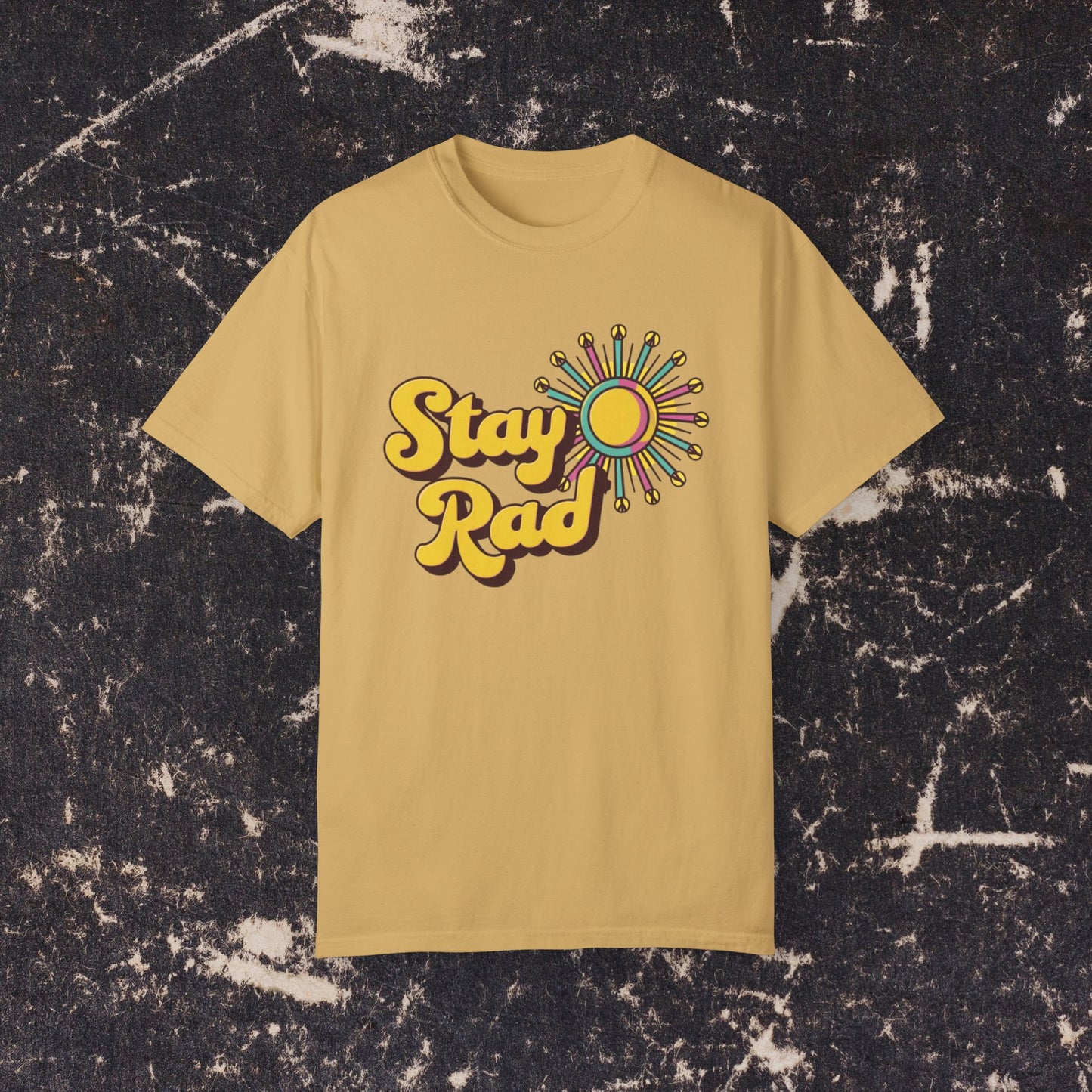 Stay Rad Retro Sunshine Graphic T-Shirt, Vintage Style Tee, Positive Vibes Summer Shirt, Fun Casual Outfit, Groovy Statement Top