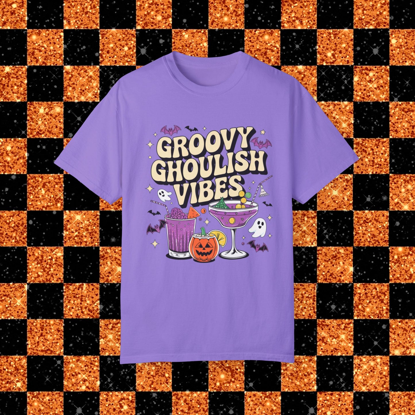 Groovy Ghoulish Vibes T-Shirt, Halloween Ghosts and Pumpkins Tee, Spooky Cocktail Party Shirt, Fun Halloween Graphic Tee