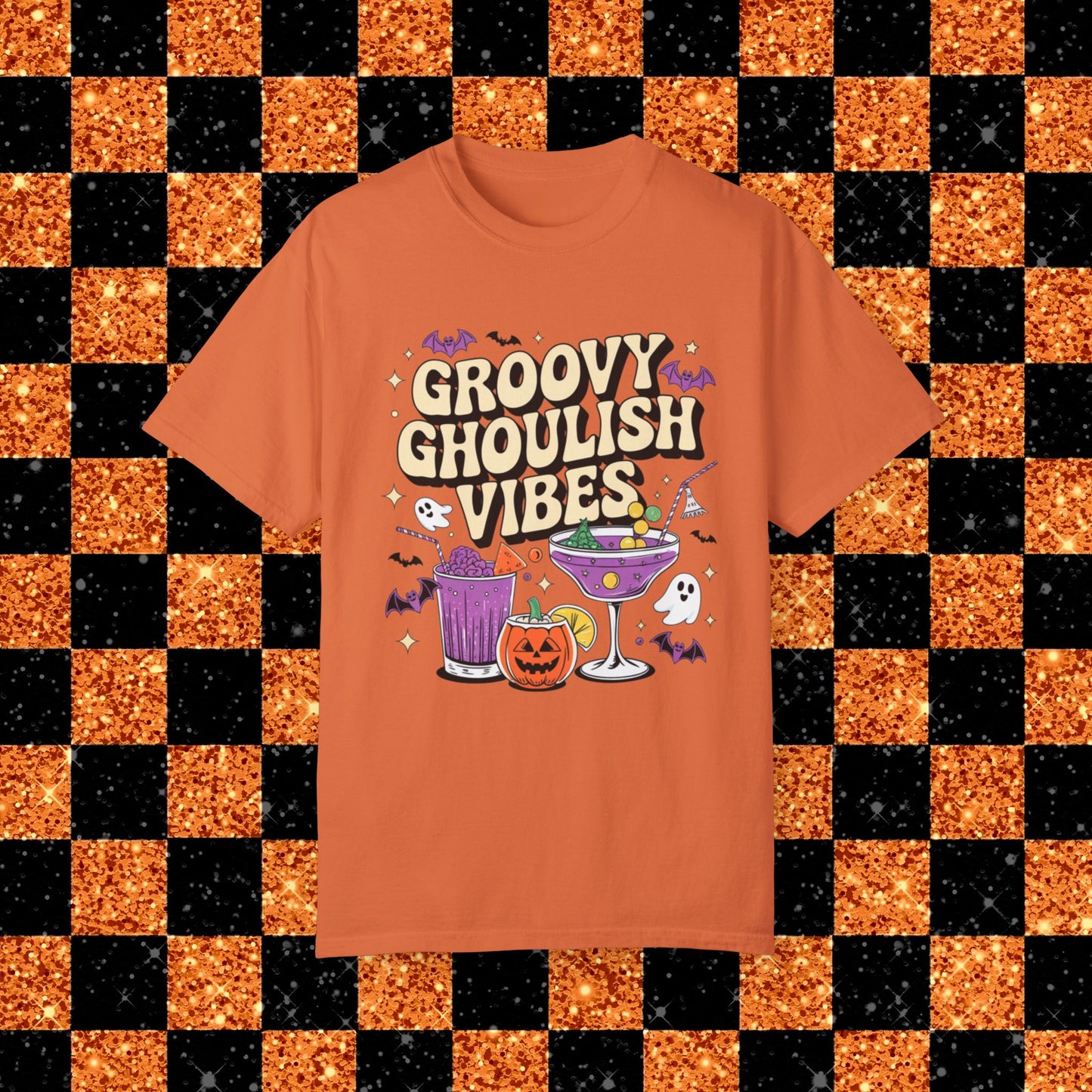 Groovy Ghoulish Vibes T-Shirt, Halloween Ghosts and Pumpkins Tee, Spooky Cocktail Party Shirt, Fun Halloween Graphic Tee