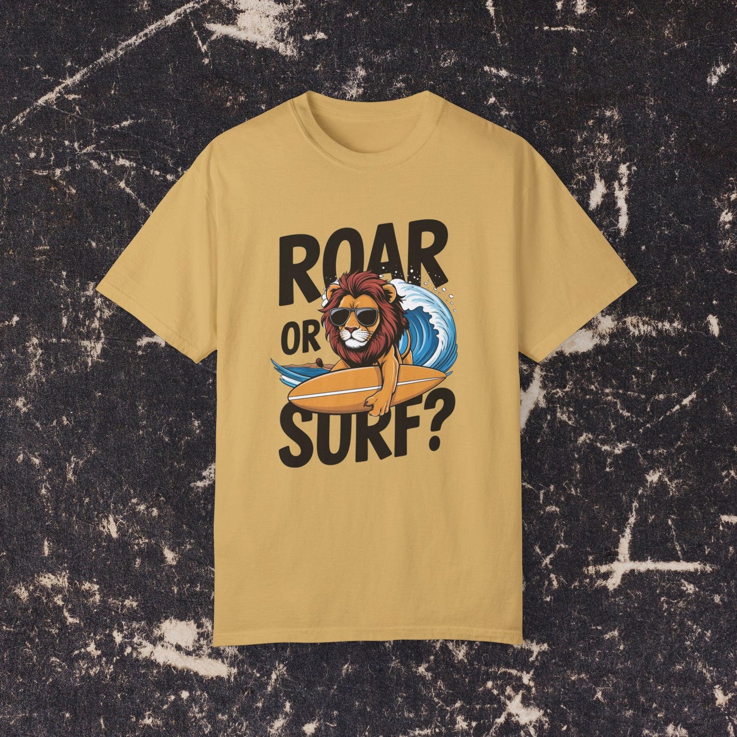 Lion Surfer T-Shirt, Roar or Surf Graphic Tee, Fun Summer Beach Tee, Cool Lion Surfing Shirt, Unique Animal Graphic Tee