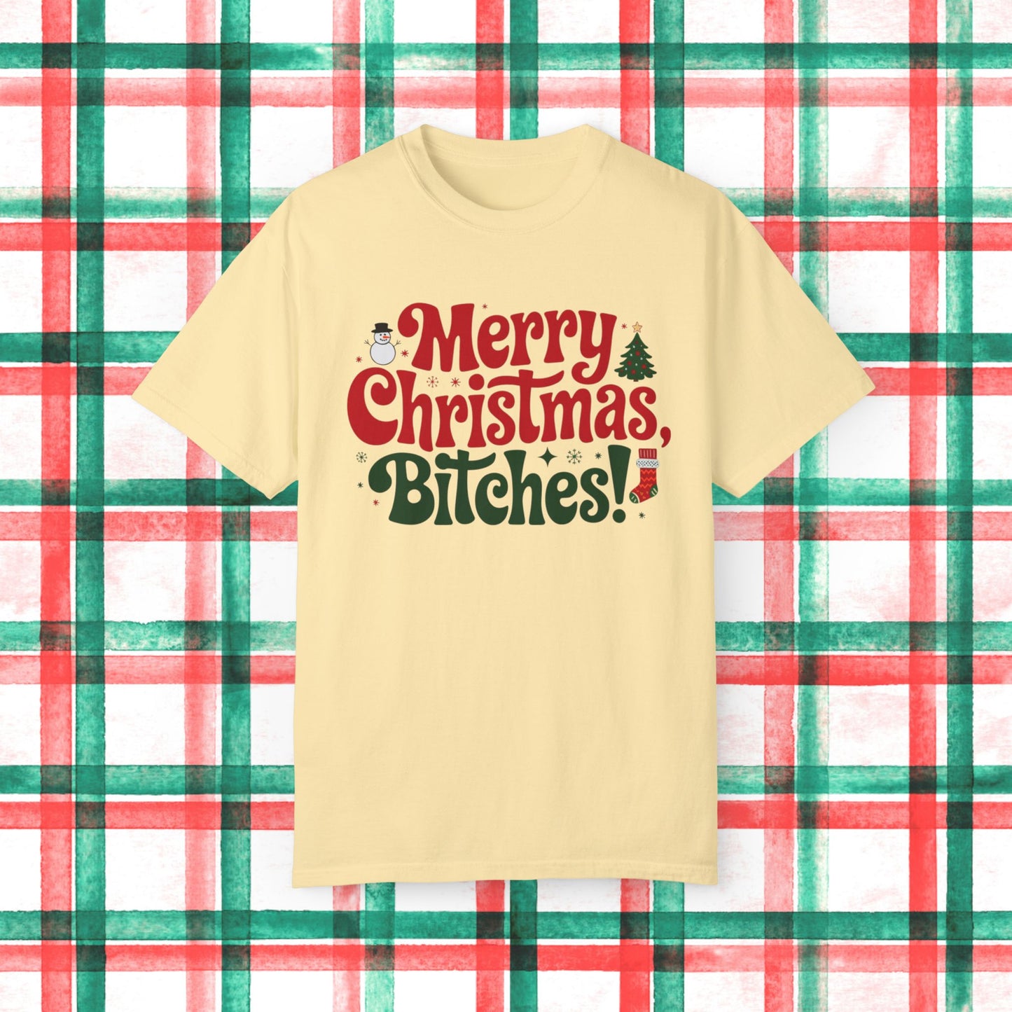 Merry Christmas Bitches Funny Holiday T-Shirt, Christmas Tree and Snowman Graphic Tee, Fun Xmas Shirt, Christmas Party Shirt