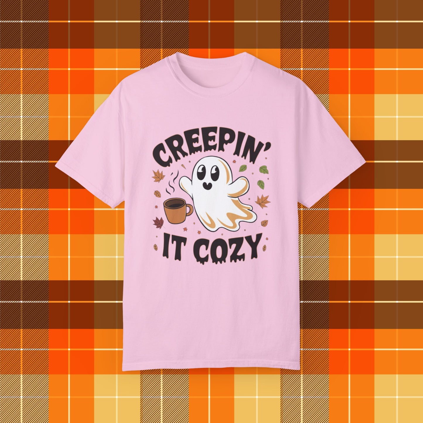 Creepin it cozy ghost coffee T-shirt, Funny Halloween fall leaves shirt, Spooky season graphic tee, Autumn cozy vibes top