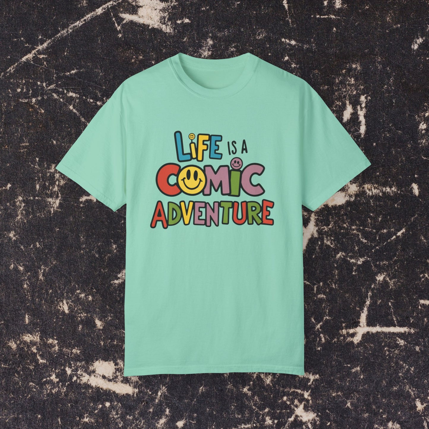 Life is a Comic Adventure T-Shirt, Fun Graphic Tee, Cute Smiley Face Shirt, Colorful Adventure T-Shirt, Positive Vibes T-Shirt