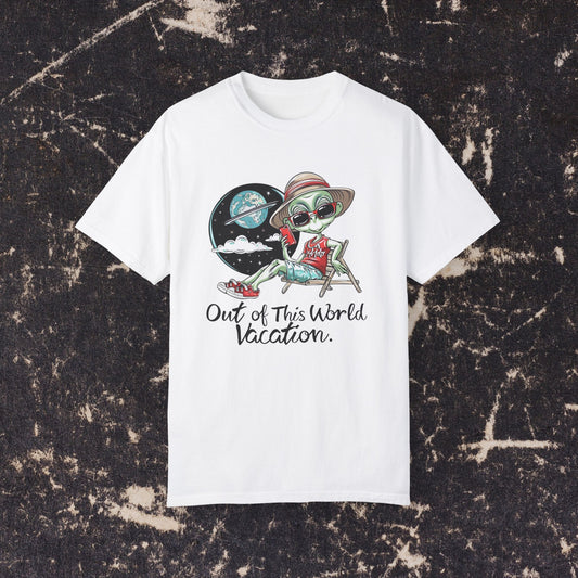 Out of This World Vacation T-Shirt, Alien Beach Vacation Shirt, Funny Alien Graphic Tee, Cool Alien Shirt, Summer Travel T-Shirt, Relaxed